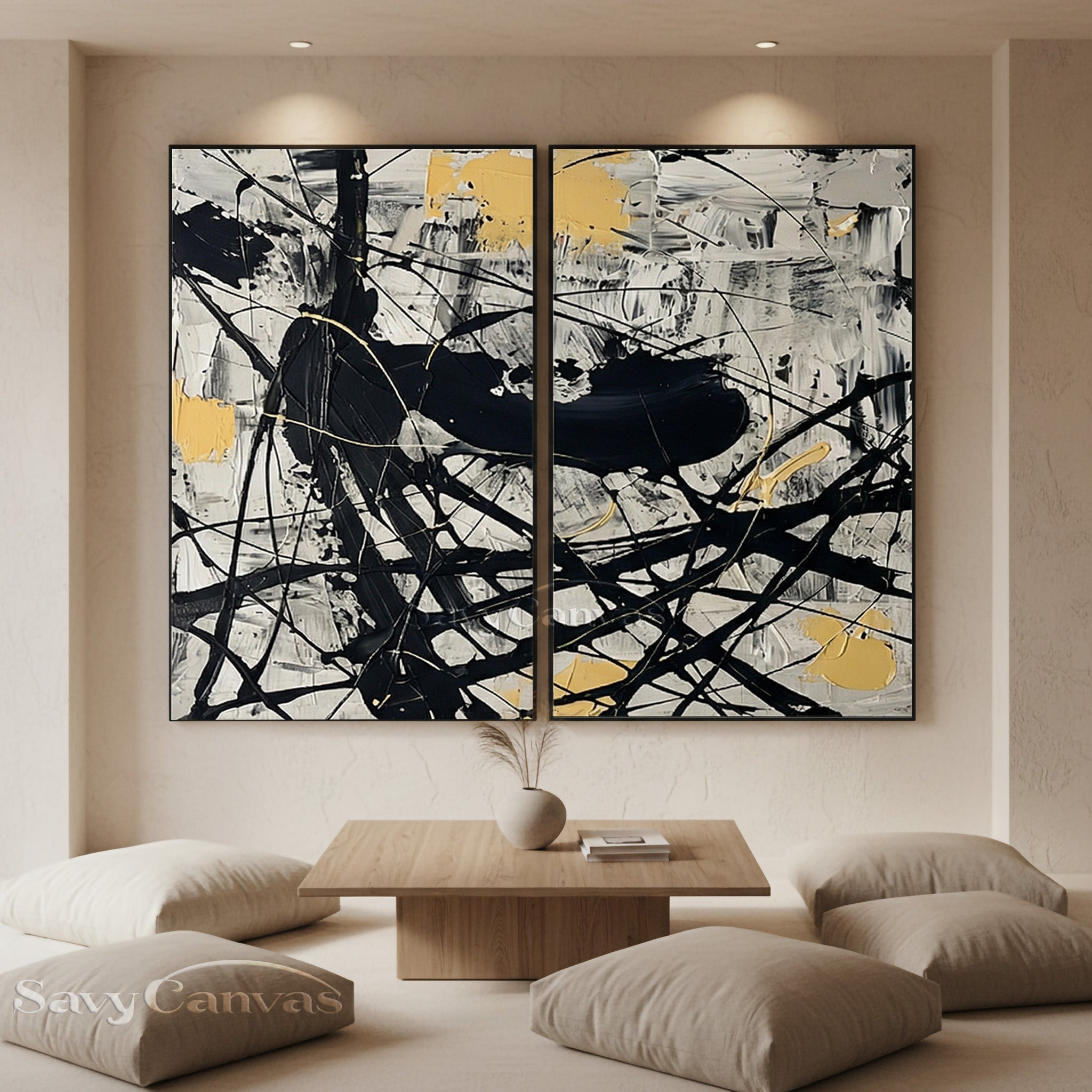 Set of two hand-painted black and white abstract drip paintings with dense splatters and high-contrast texture.