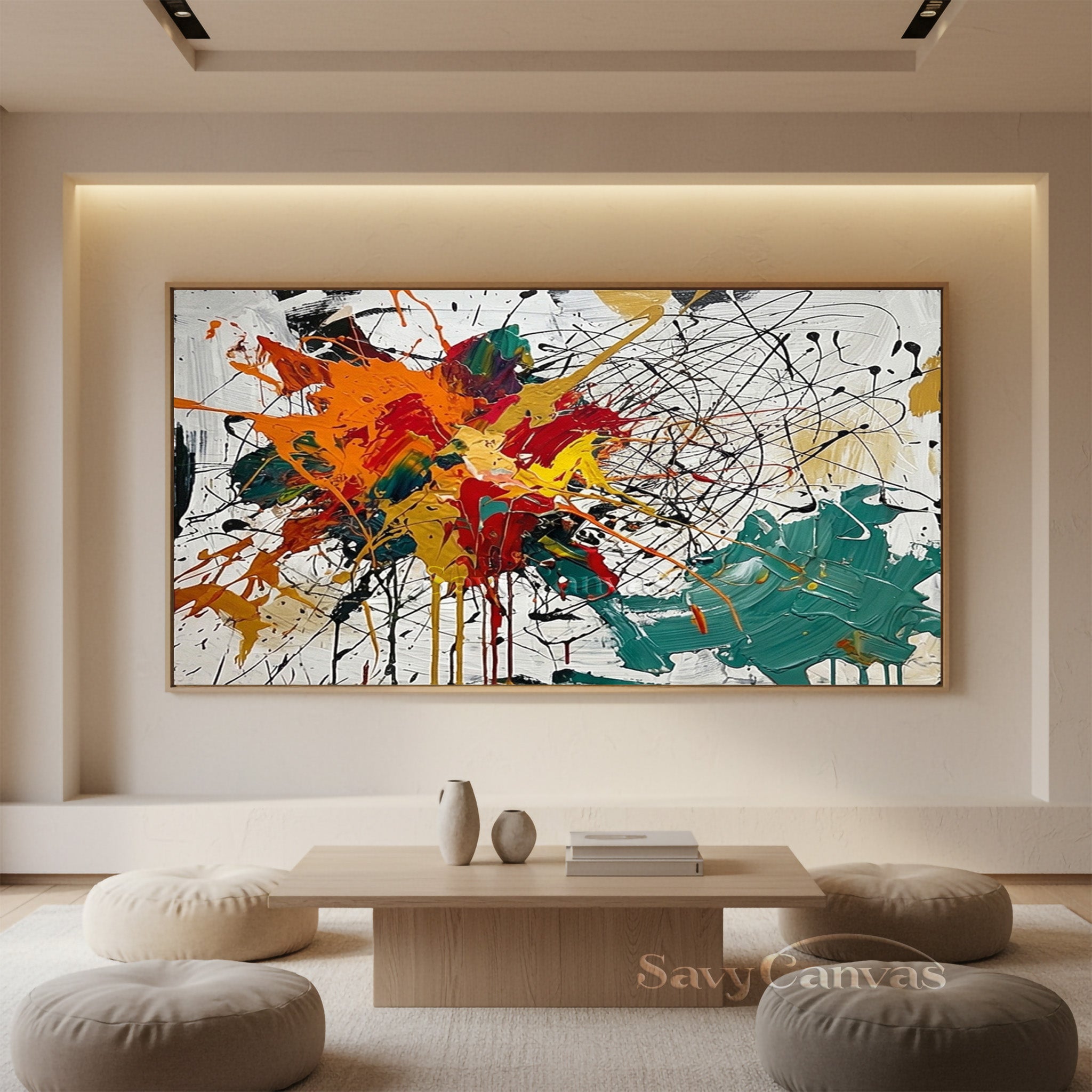 Modern abstract drip painting with vibrant splatters of blue, red, and yellow on a textured white background.