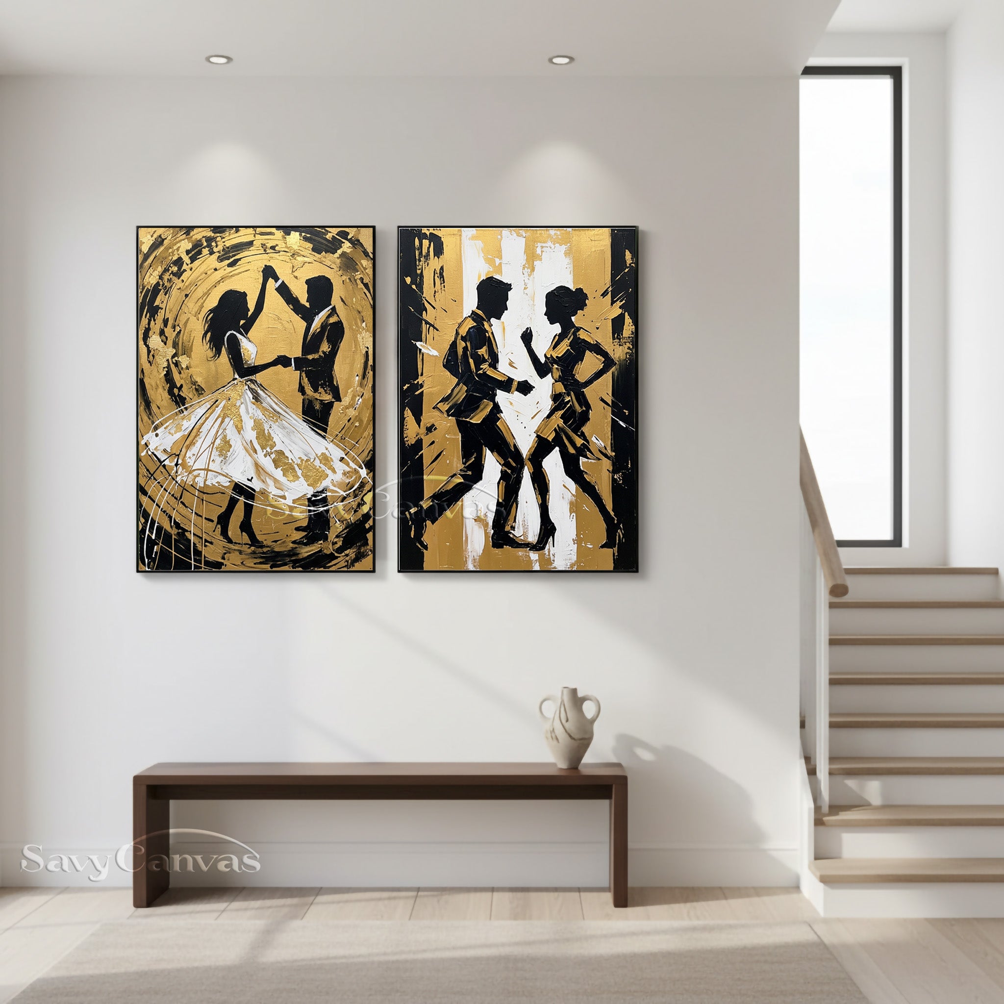 Modern Gold Leaf Dancing Couple Silhouette Oil Painting on Canvas #SS 054