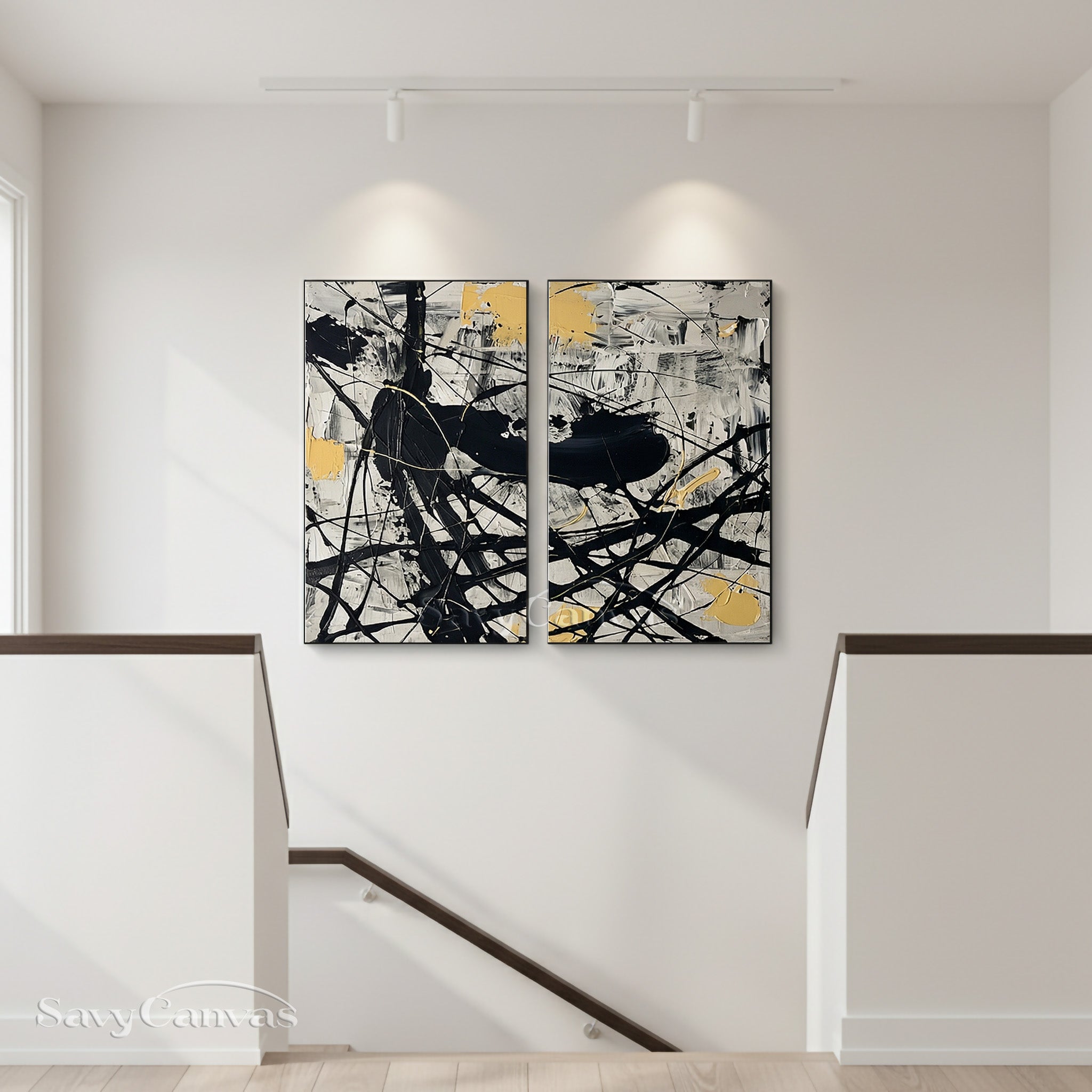 Modern Black and White Diptych Art | Set of 2 Pollock Drip Paintings #JJ 473