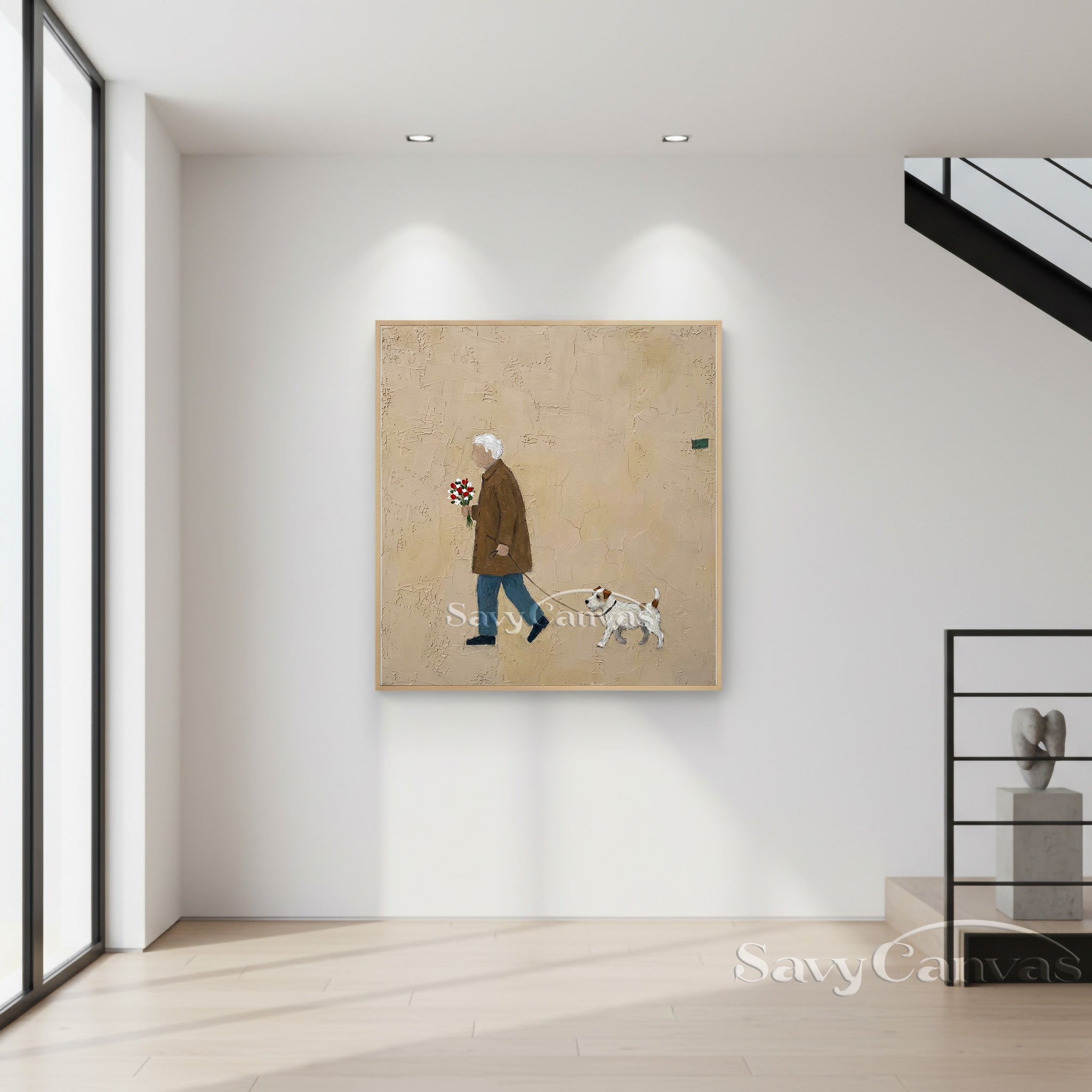Minimalist Man & Dog Textured Canvas Wall Art #SS 018