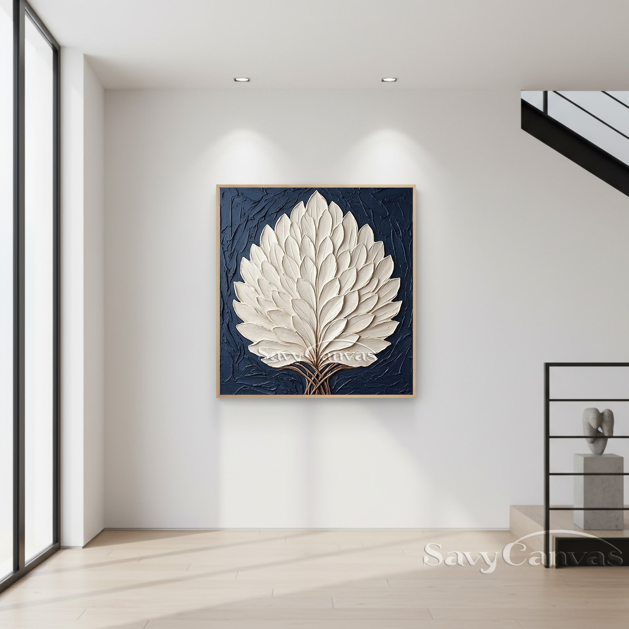 3D Textured White Leaf Oil Painting on Navy Blue Canvas #SS 130
