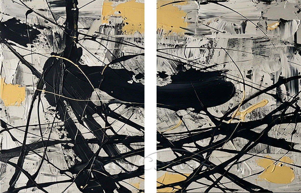 Modern Black and White Diptych Art | Set of 2 Pollock Drip Paintings #JJ 473