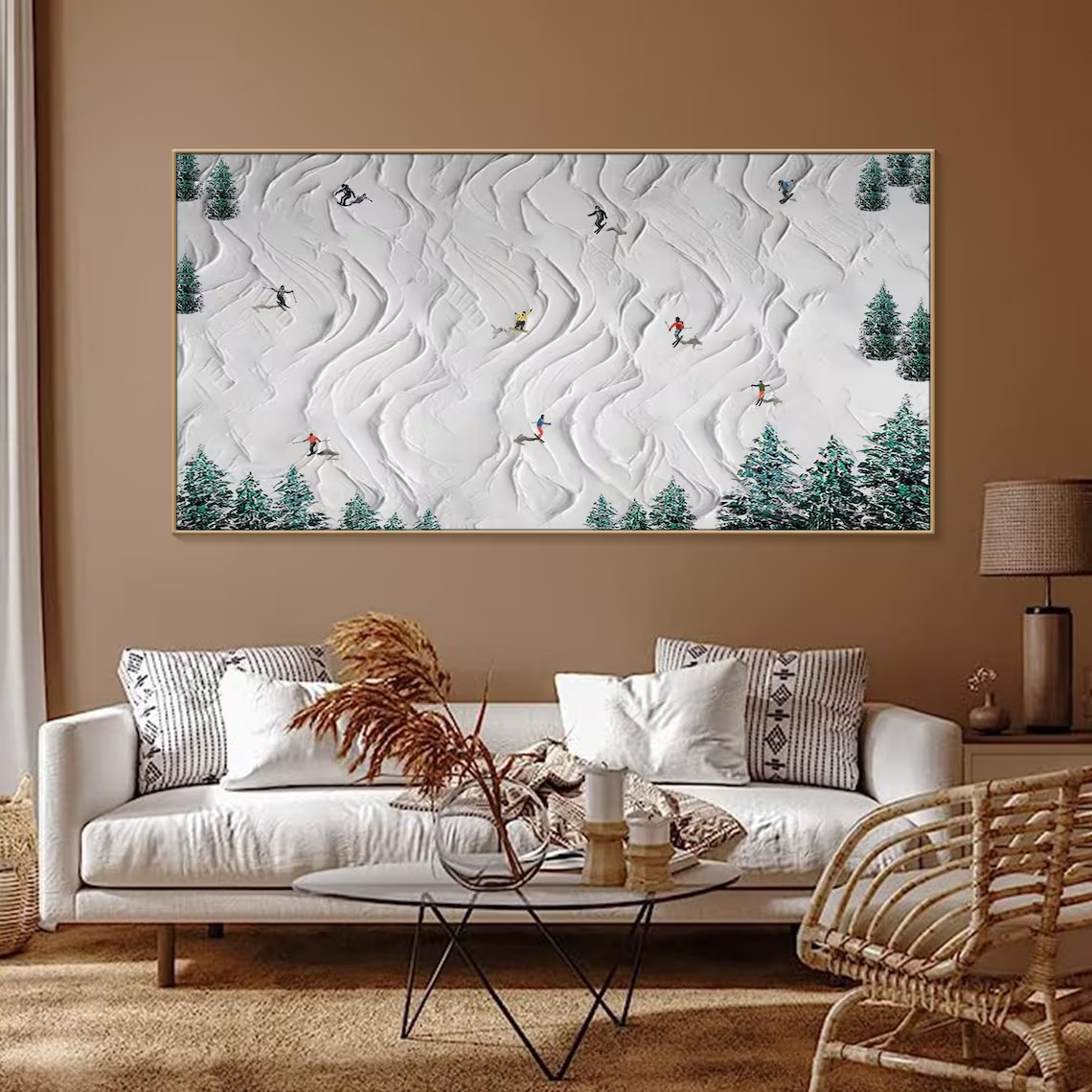 Textured Skiing Art Painting- Handmade Winter Sport  Scene #TC 096