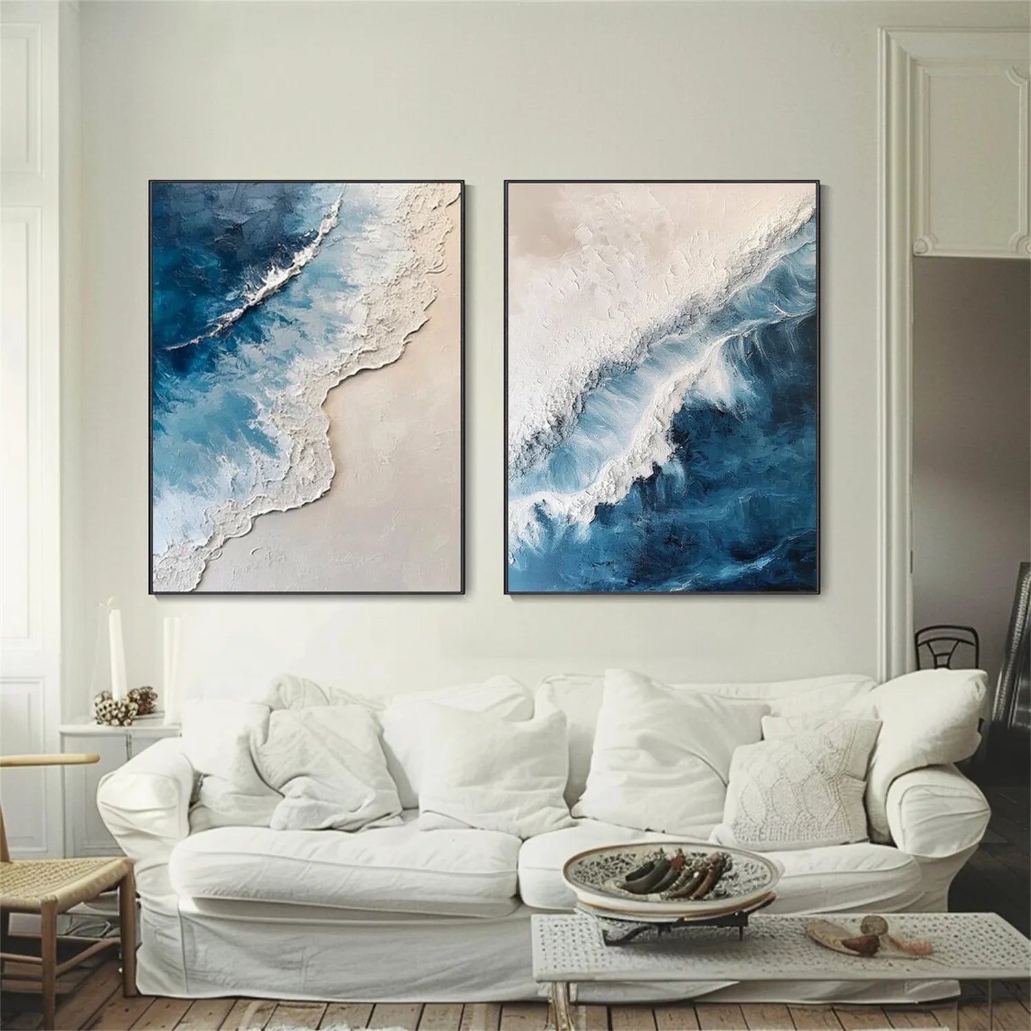 Large Abstract Ocean Wall Art Set of 2 | Textured Blue Wave Painting #