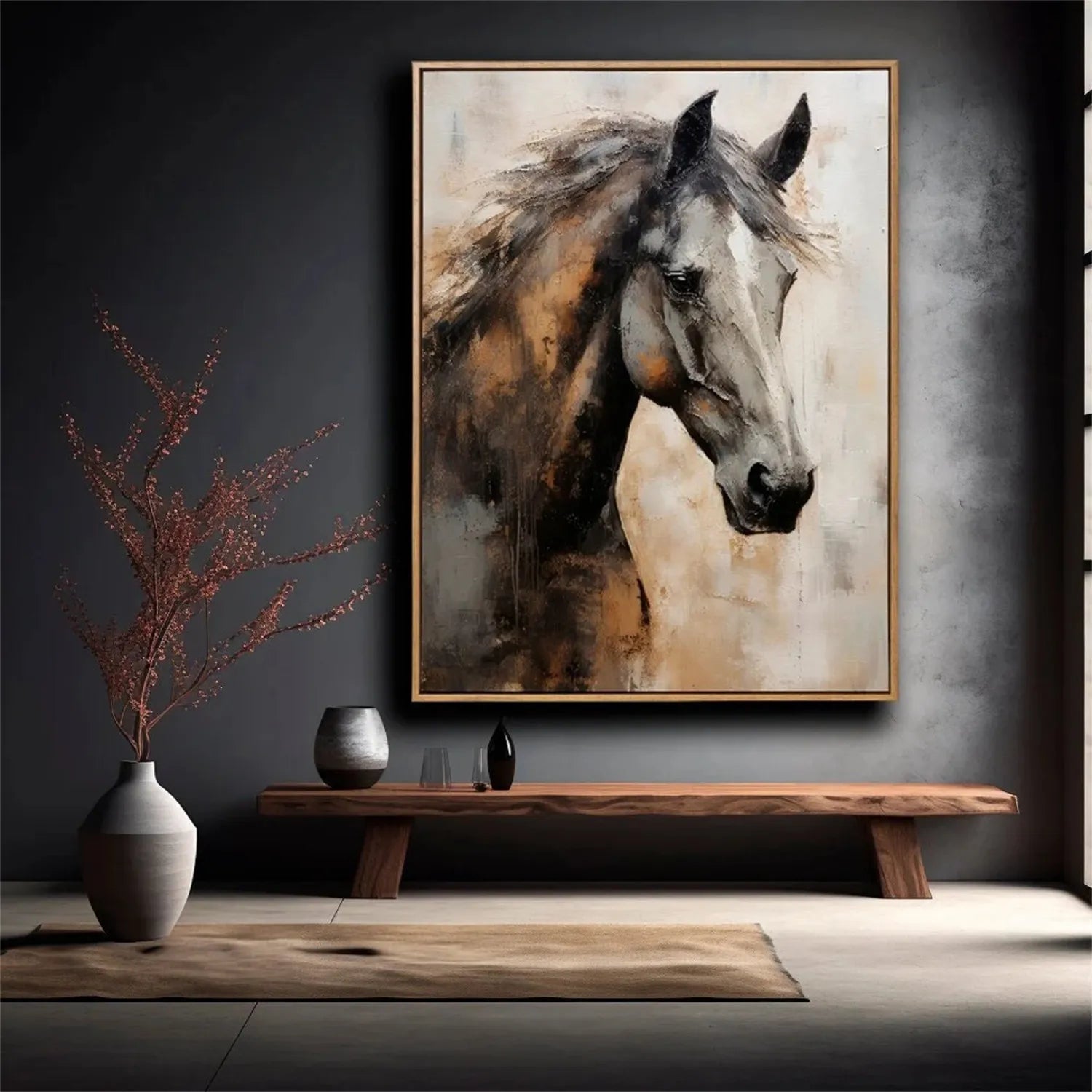 Textured Black Horse Art: Modern Equestrian Oil Painting on Canvas #ZZ 021