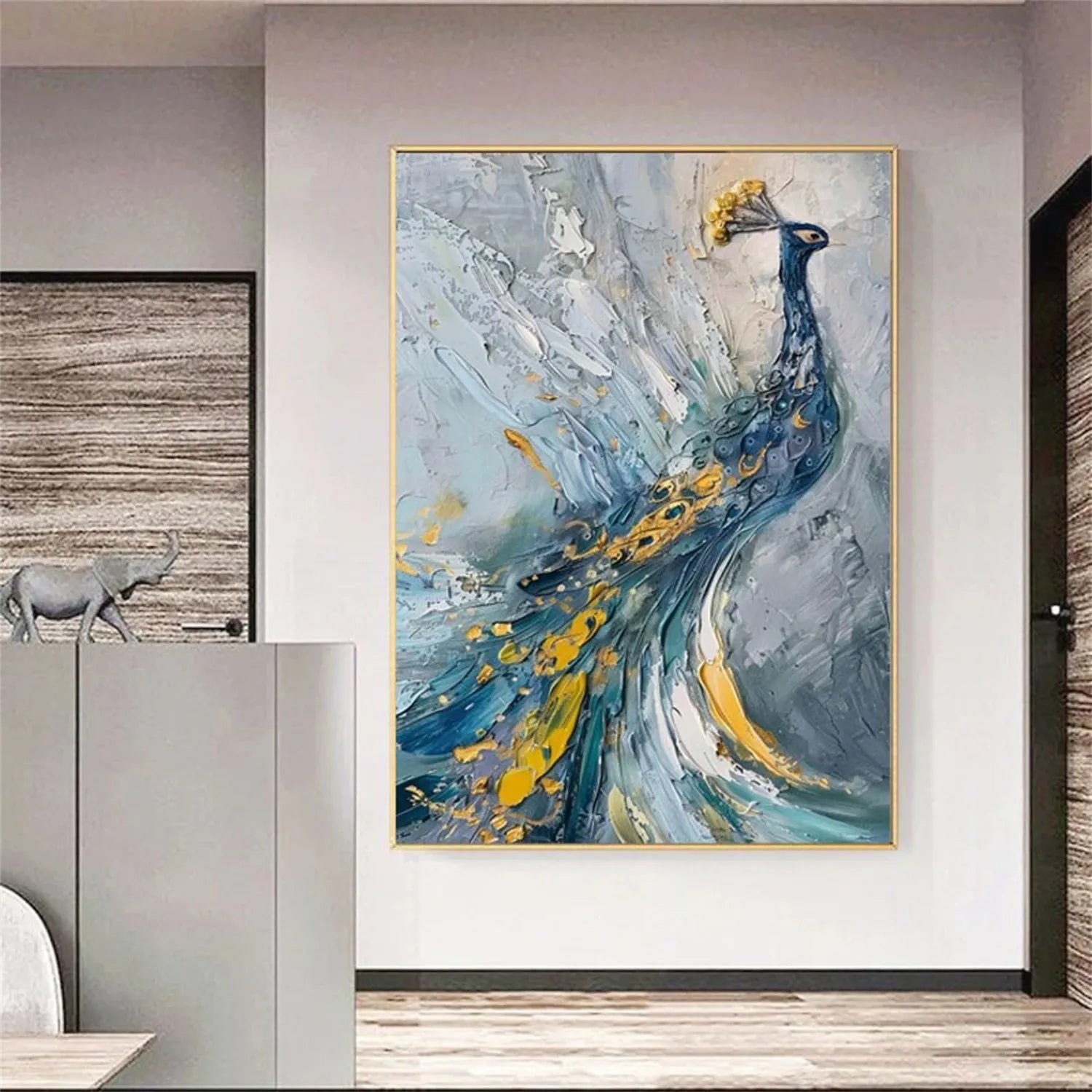 Large Textured Peacock Painting | Vertical Blue Yellow Abstract Canvas Art