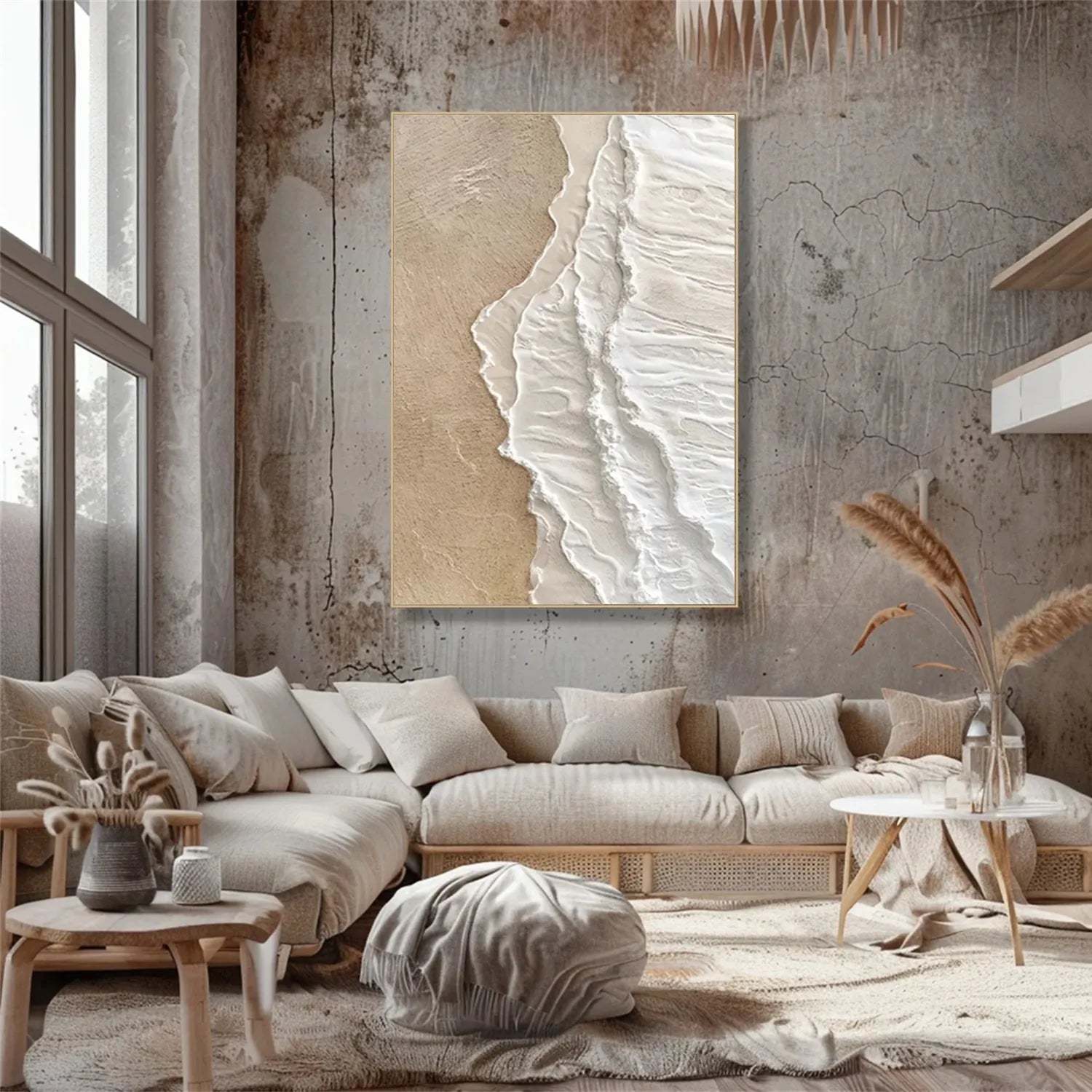 Vertical Beige and White Textured Beach Abstract Oil Painting - Modern Serene # JJ 135