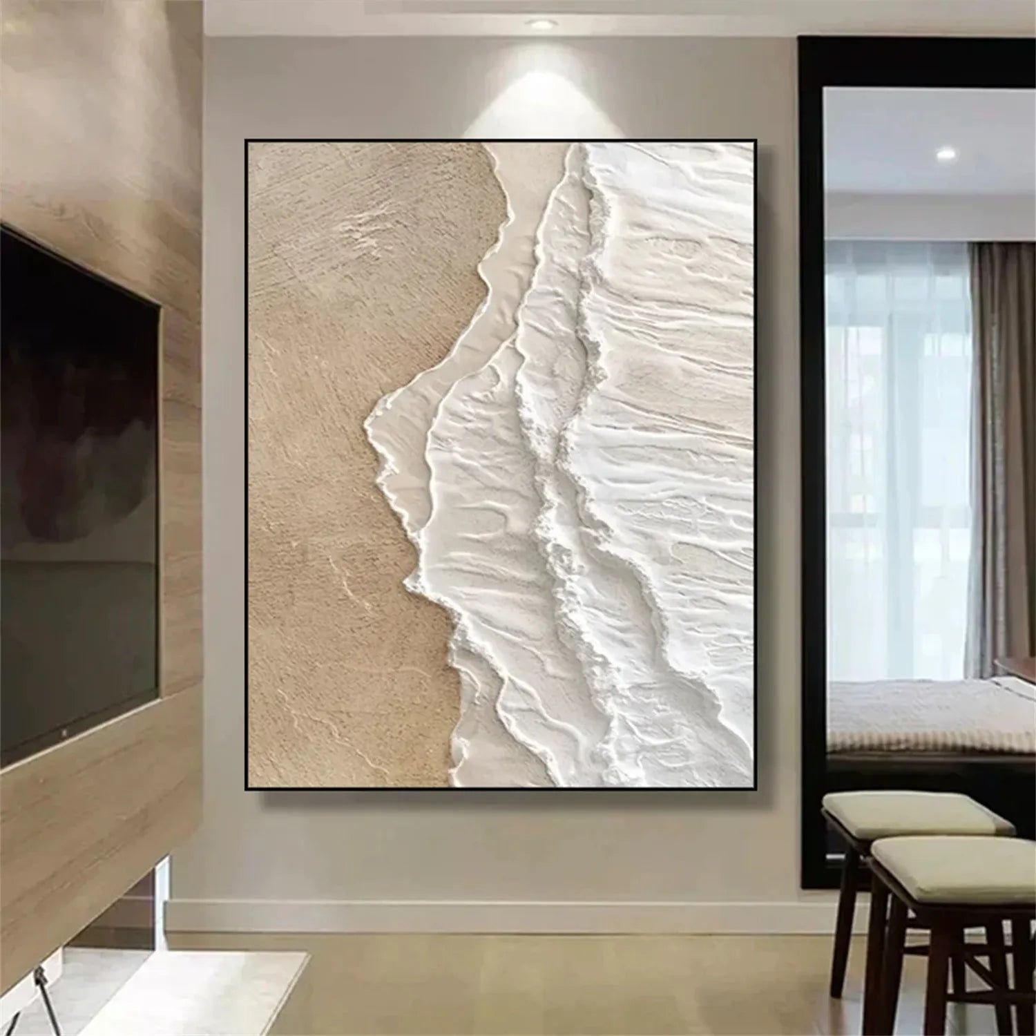 Gentle Beach Abstract - Beige and White Textured Art Oil Painting