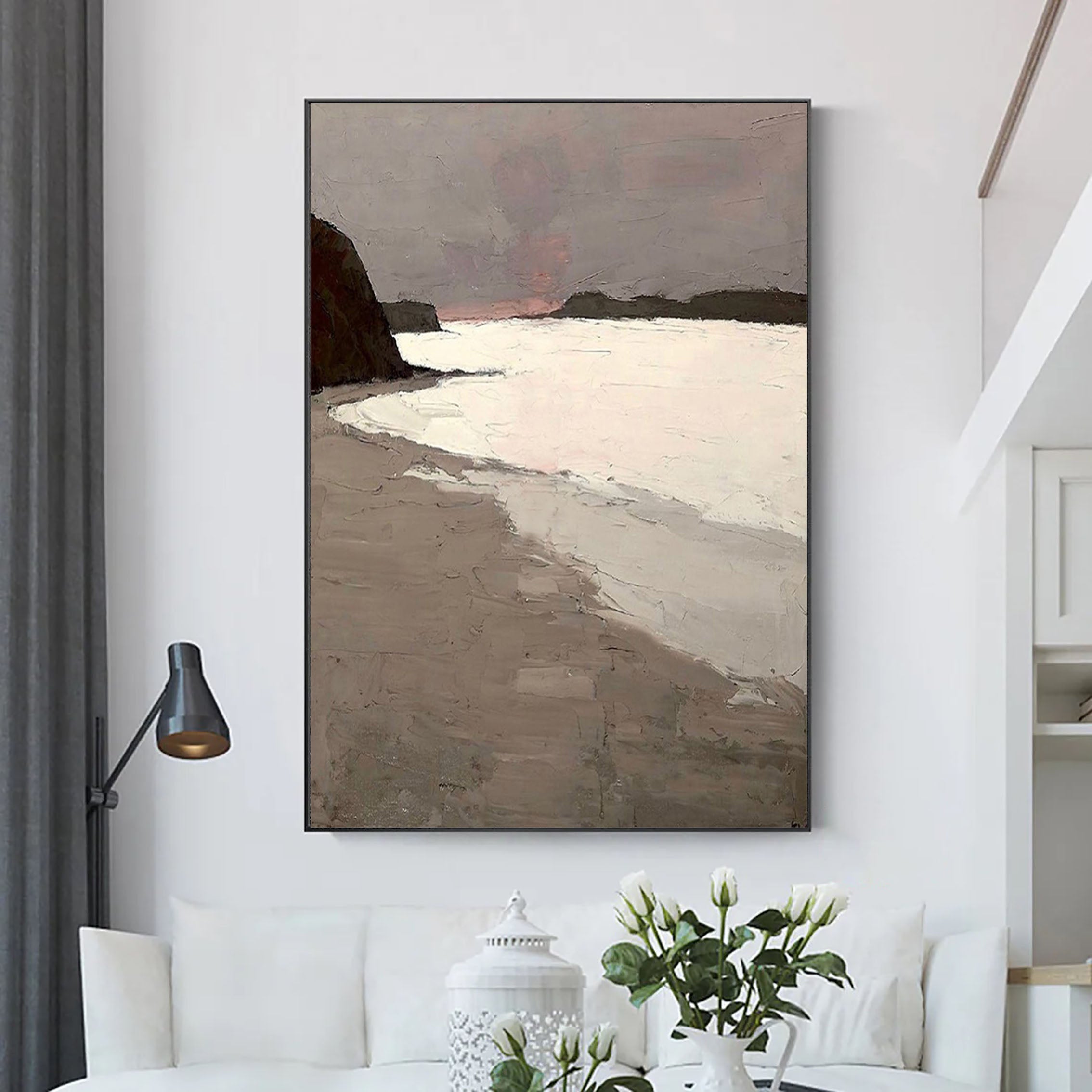 Gentle Coastal Abstraction in Neutrals - Grey Brown White Art Oil Painting