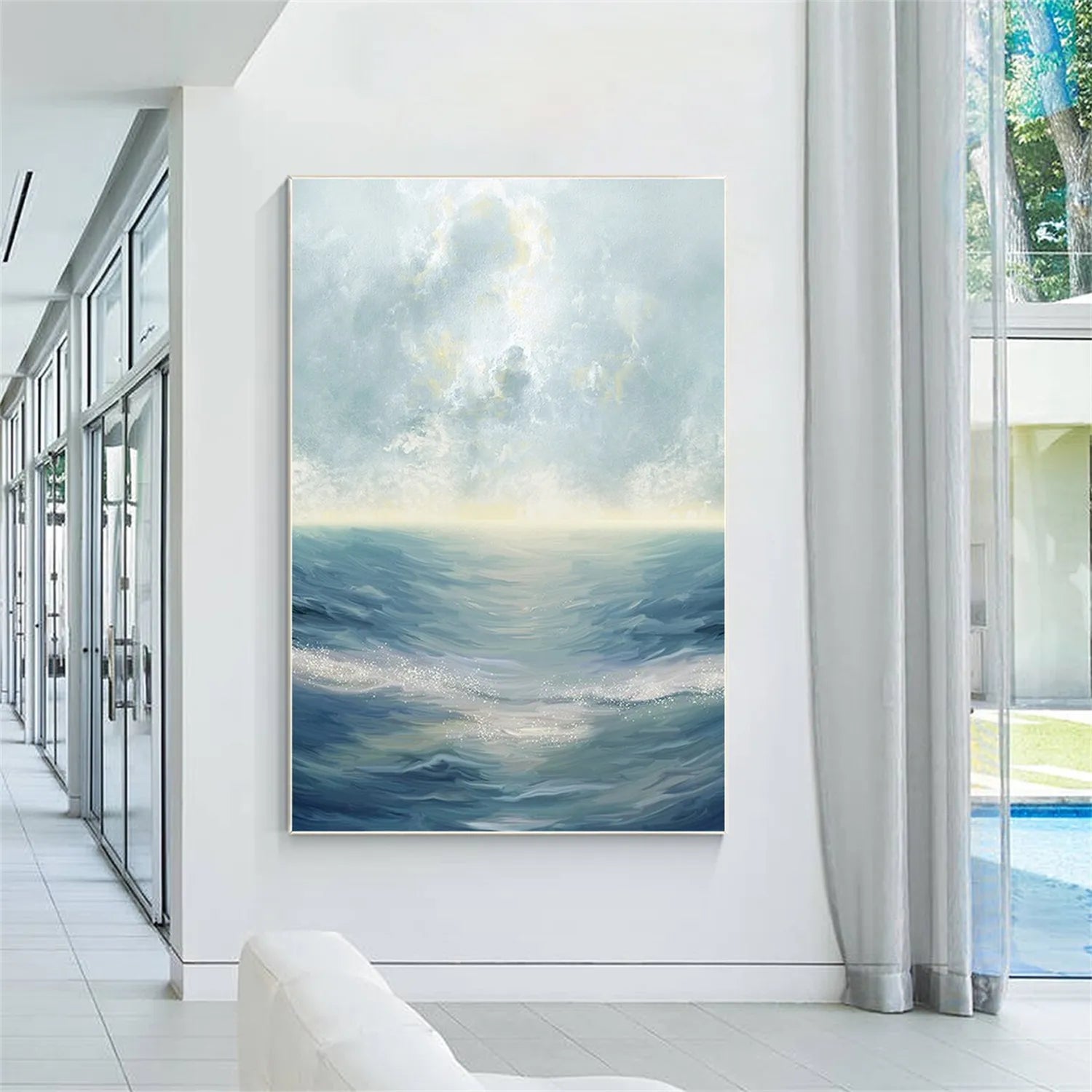 Vertical Soft Blue and Beige Ocean Sky Abstract Oil Painting - Modern Serene