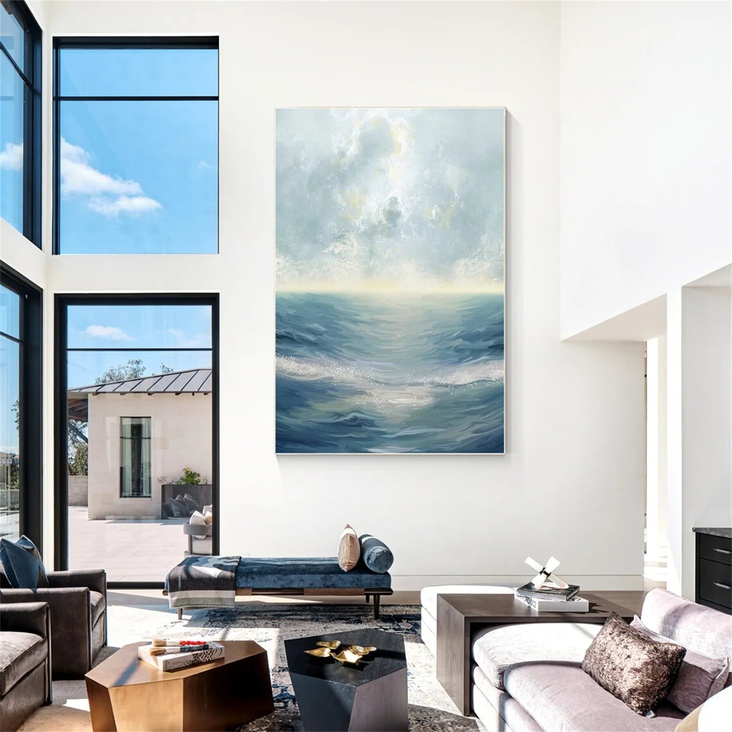 Soft Blue and Beige Ocean Sky Abstract Oil Painting - Modern Serene Art # JJ 121