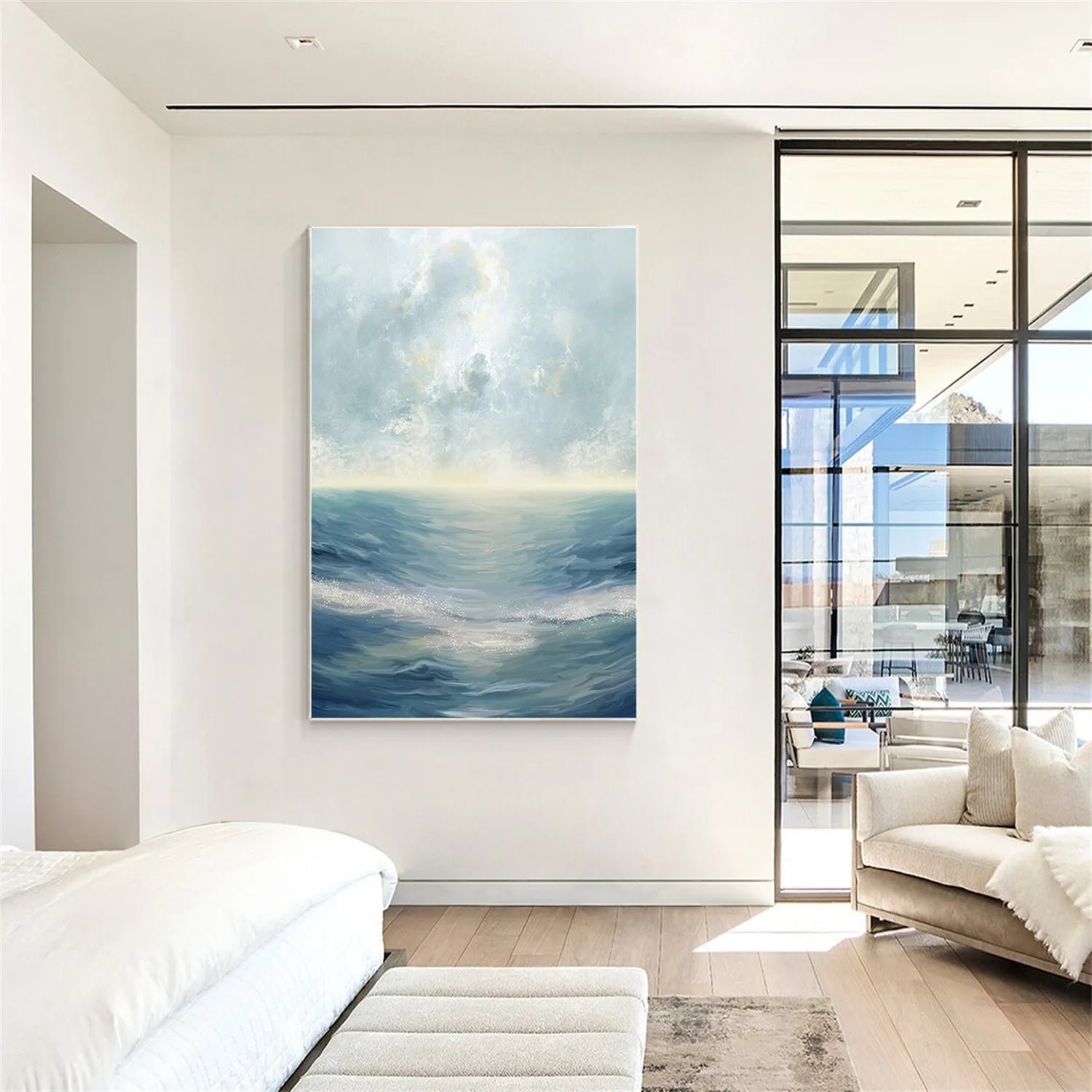 Soft Blue and Beige Ocean Sky Abstract Oil Painting - Modern Serene Art # JJ 121