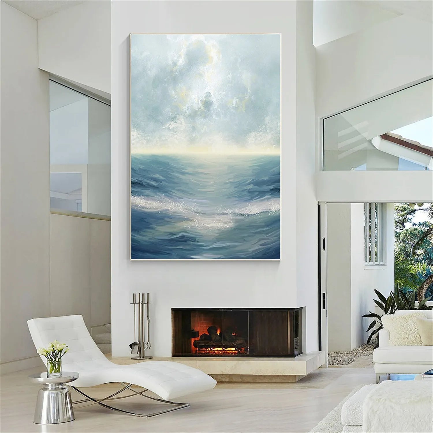 Soft Blue and Beige Ocean Sky Abstract Oil Painting - Modern Serene Art # JJ 121