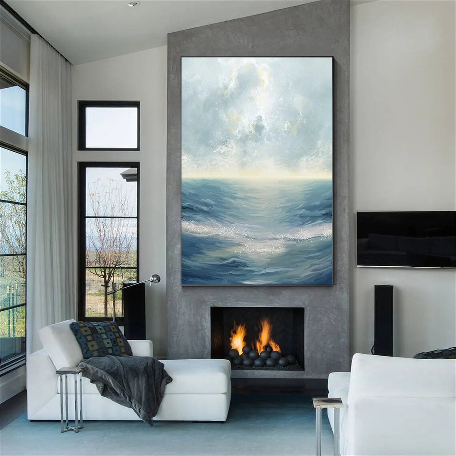Soft Blue and Beige Ocean Sky Abstract Oil Painting - Modern Serene Art # JJ 121
