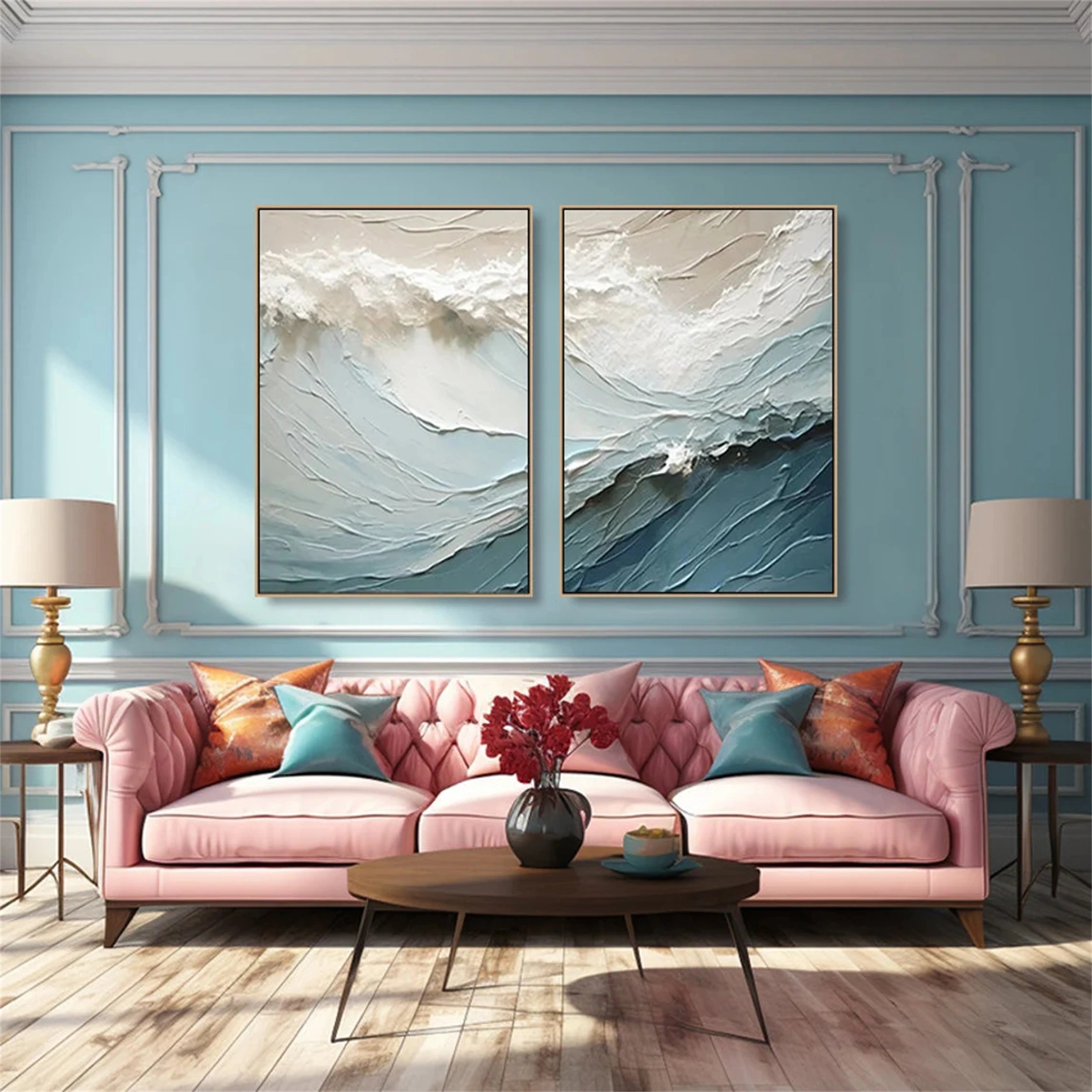 Blue Textured Wave Diptych: Abstract Coastal Art Set of 2 #ZZ 051