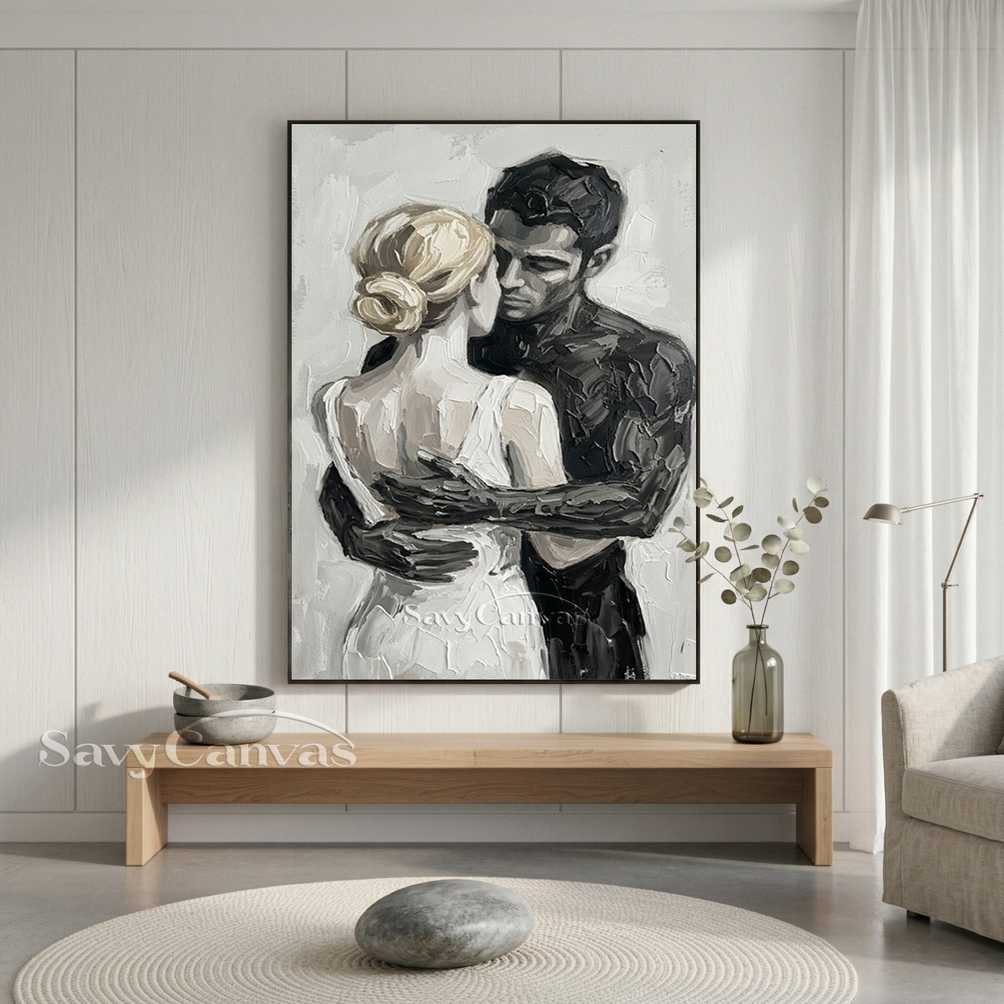 Romantic Couple Hugging Oil Painting | Modern Black & White Art #SS 152