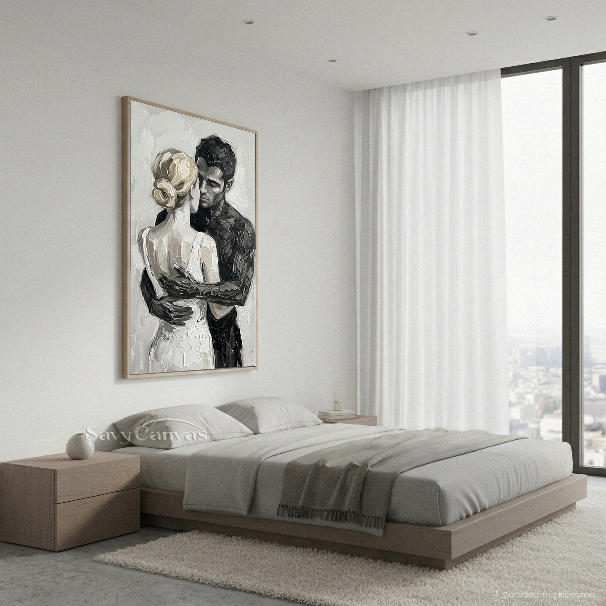 Romantic Couple Hugging Oil Painting | Modern Black & White Art #SS 152