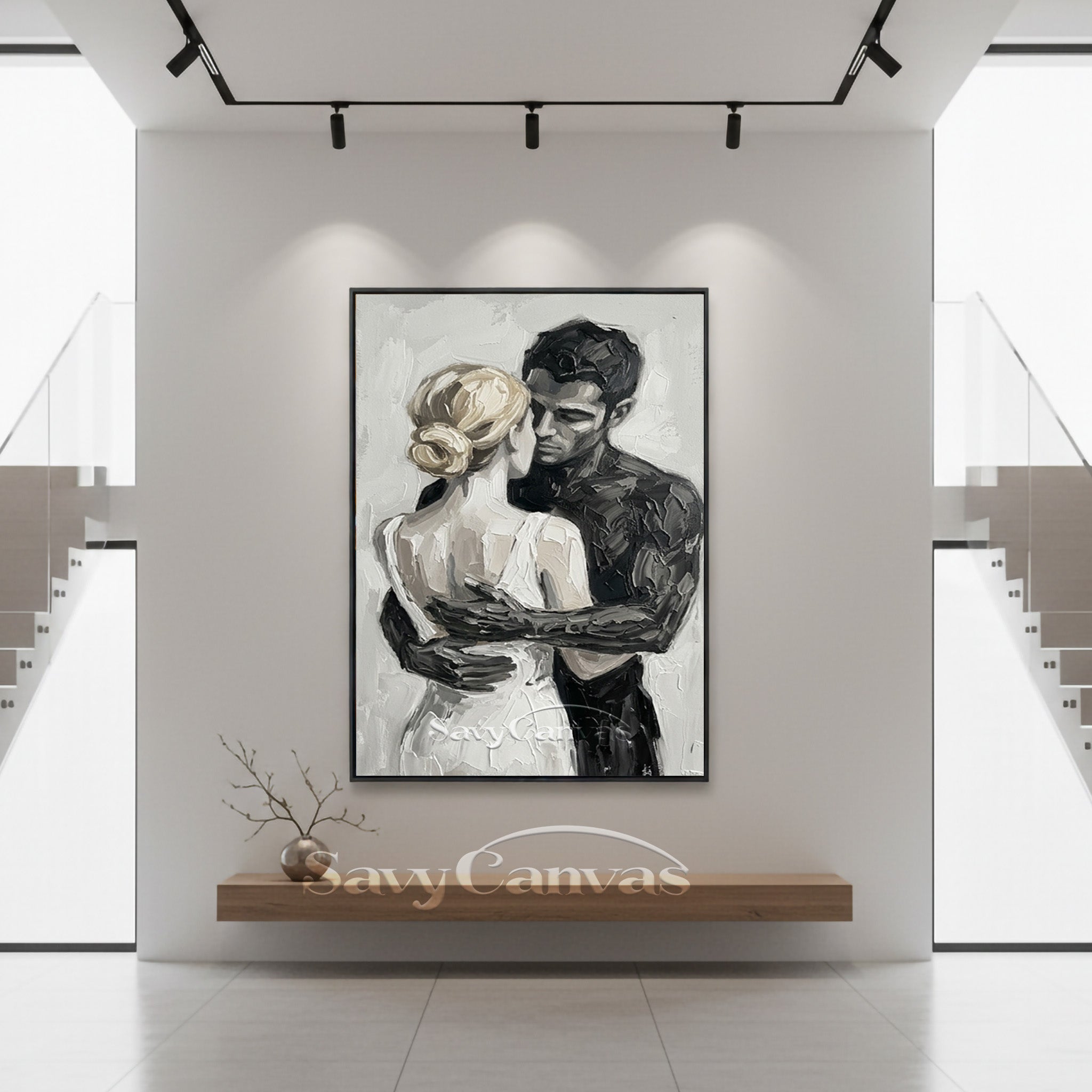 Romantic Couple Hugging Oil Painting | Modern Black & White Art #SS 152