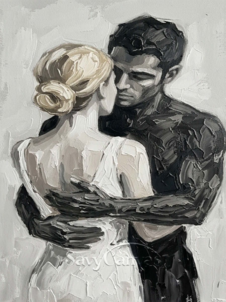 Romantic Couple Hugging Oil Painting | Modern Black & White Art #SS 152