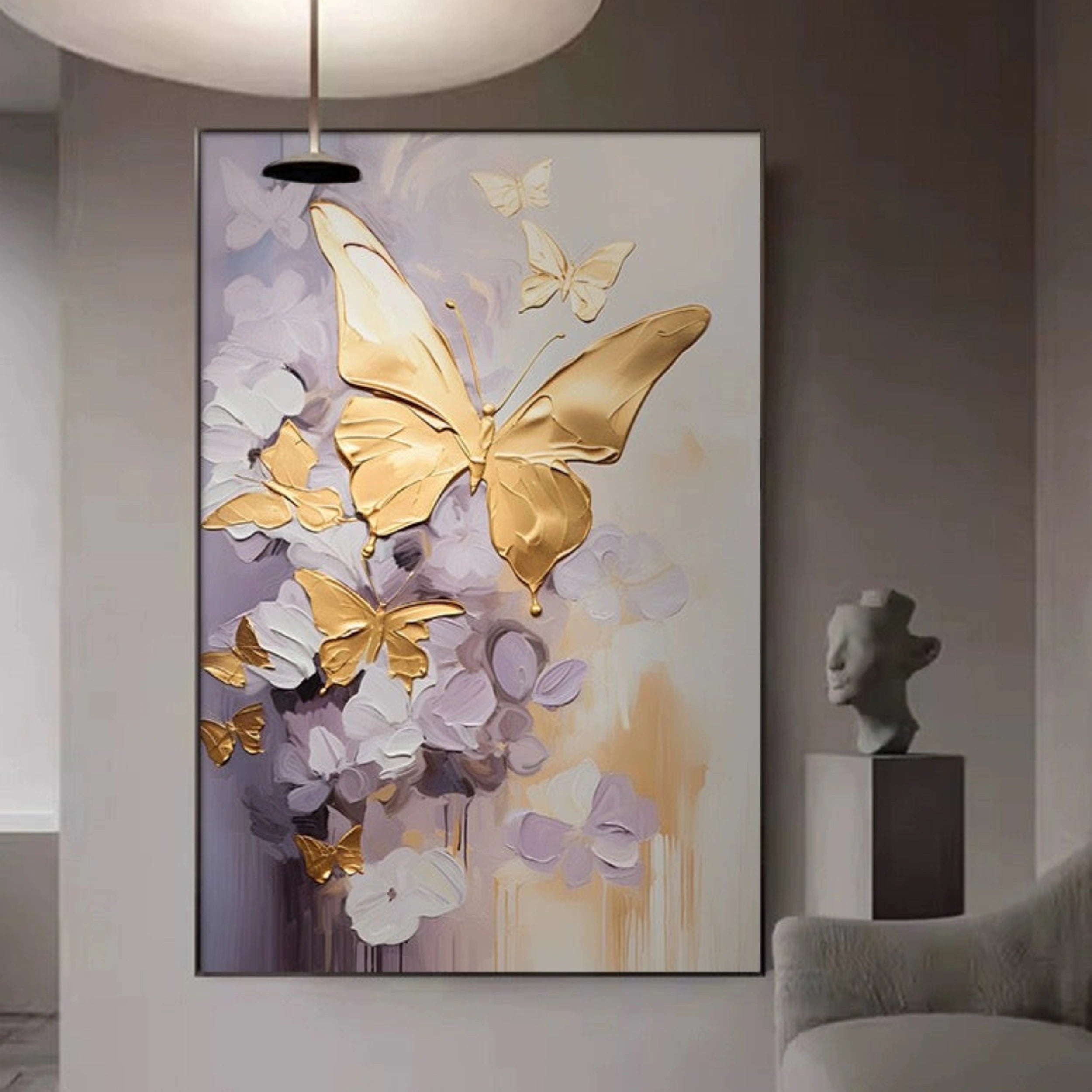 Oversized Vertical Wall Art | Gold Butterfly Painting Purple Flowers Modern