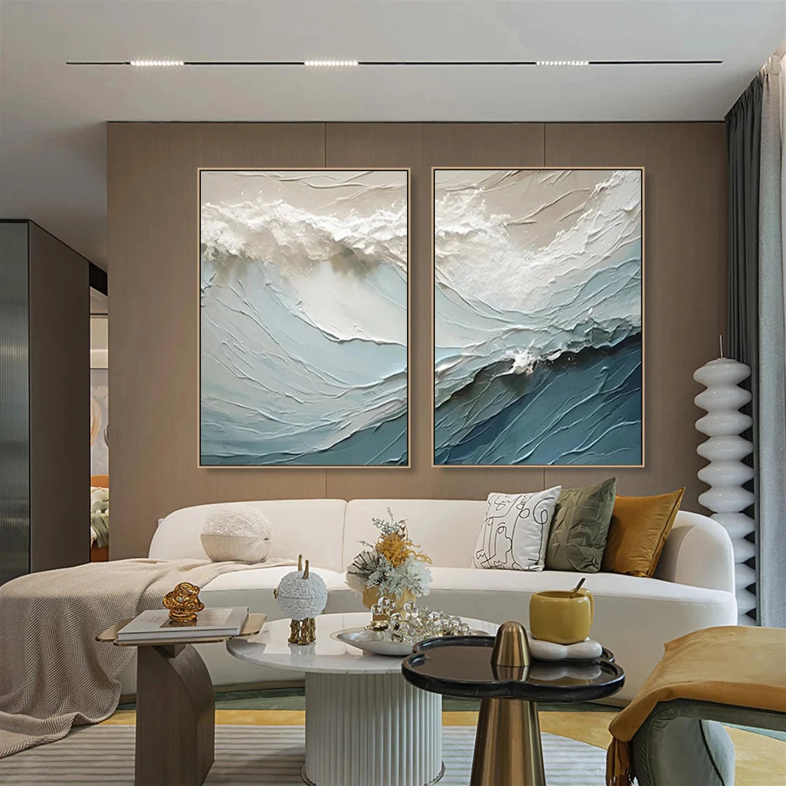 Blue Textured Wave Diptych: Abstract Coastal Art Set of 2 #ZZ 051