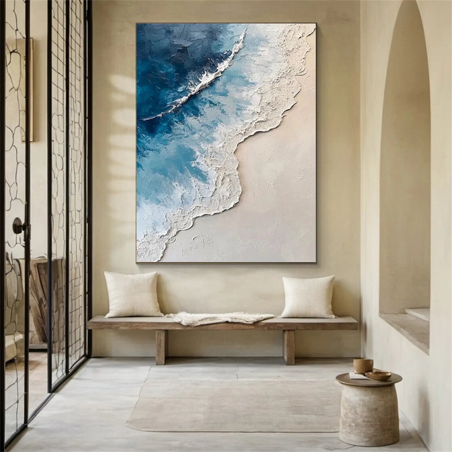 Modern Blue Beach Seascape Textured Abstract Oil Painting - Nature Art