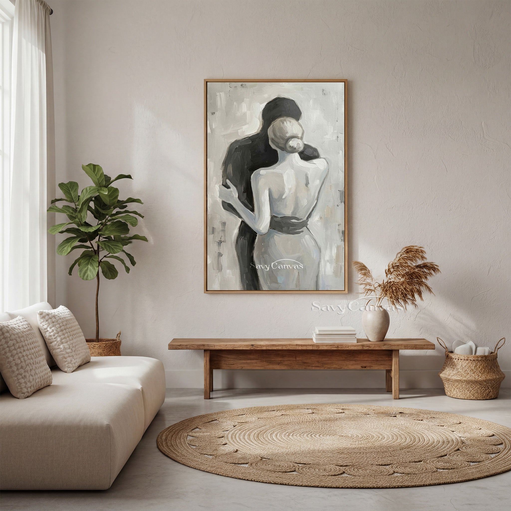 Abstract Lovers Silhouette Oil Painting | Minimalist Black & White #SS 153