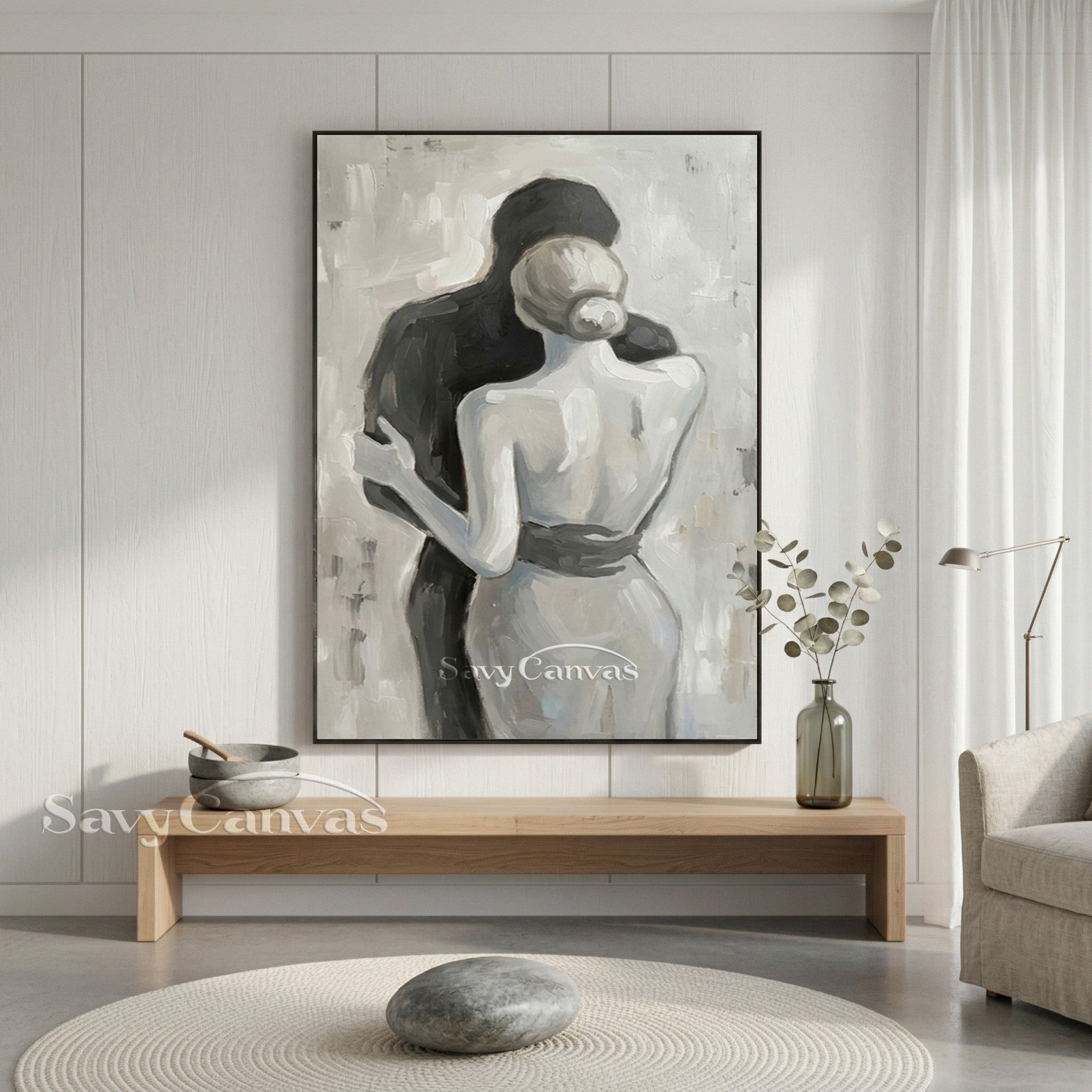 Abstract Lovers Silhouette Oil Painting | Minimalist Black & White #SS 153