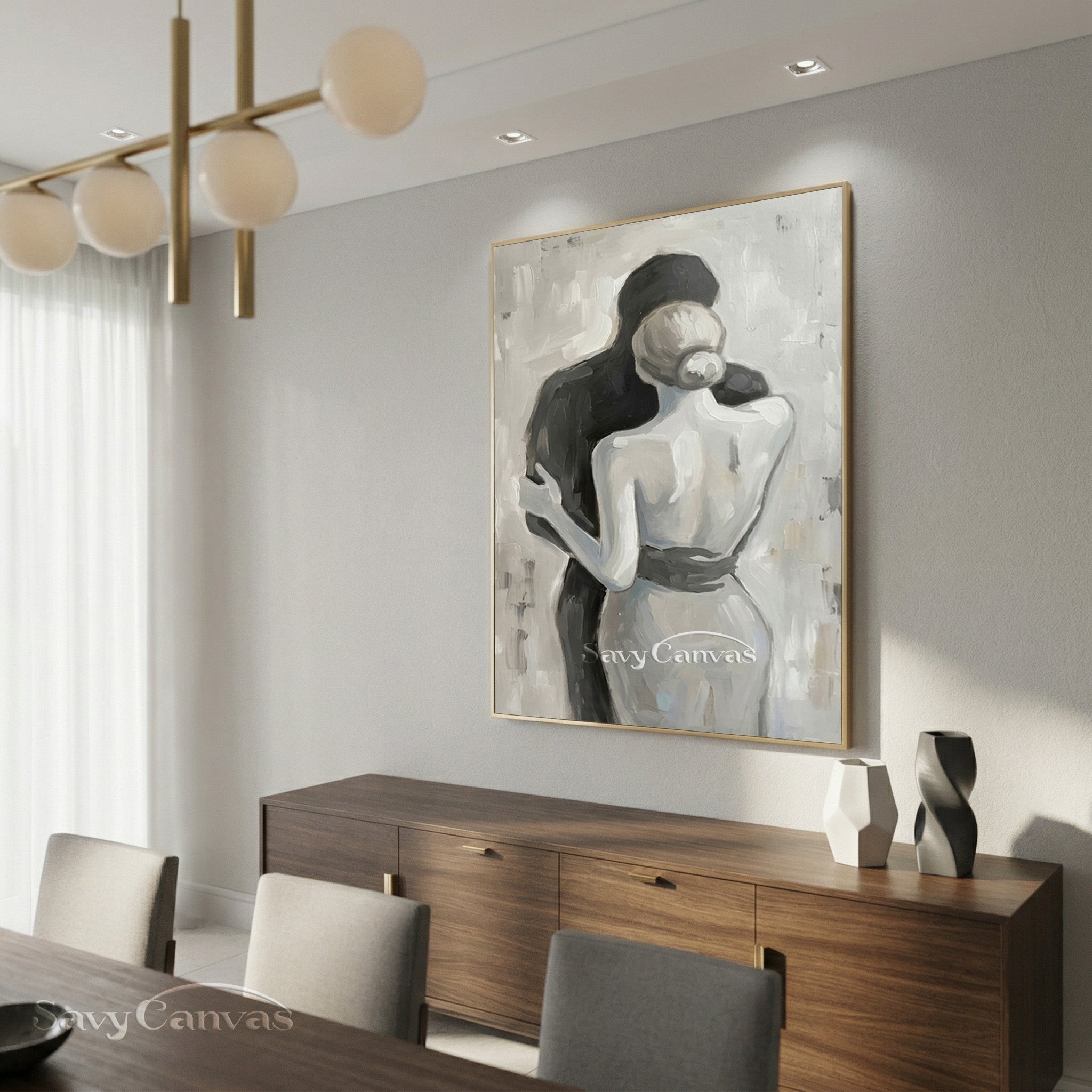 Abstract Lovers Silhouette Oil Painting | Minimalist Black & White #SS 153