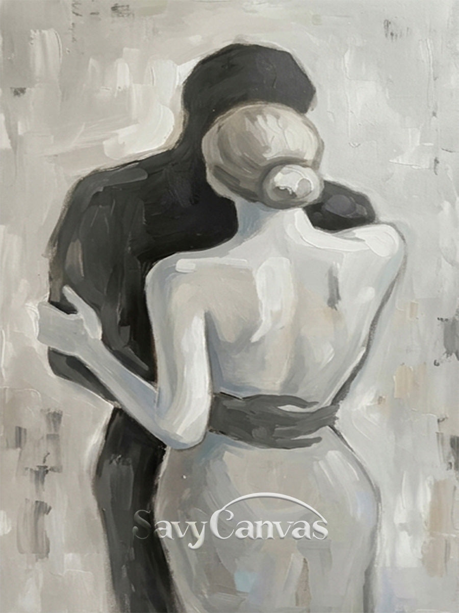 Abstract Lovers Silhouette Oil Painting | Minimalist Black & White #SS 153