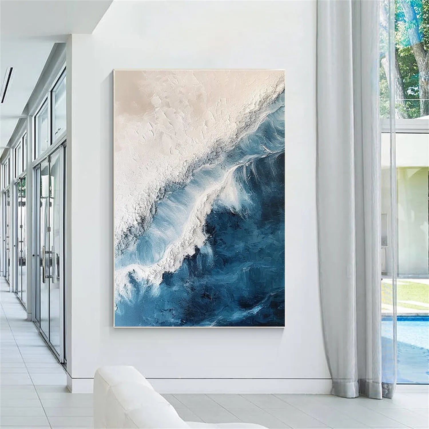 Blue White Beige Textured Beach Abstract Oil Painting - Modern Serene Art # JJ 120