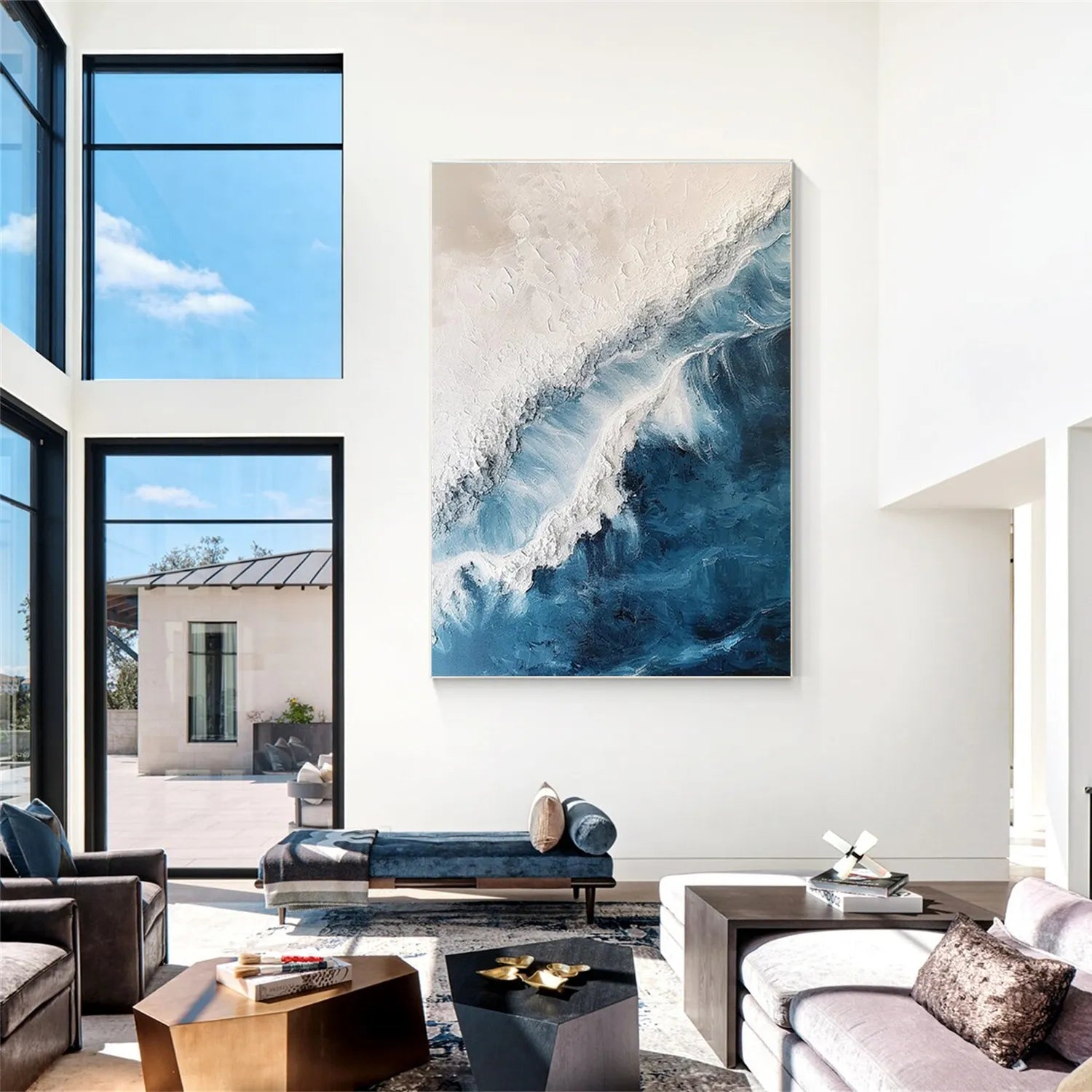 Blue White Beige Textured Beach Abstract Oil Painting - Modern Serene Art # JJ 120