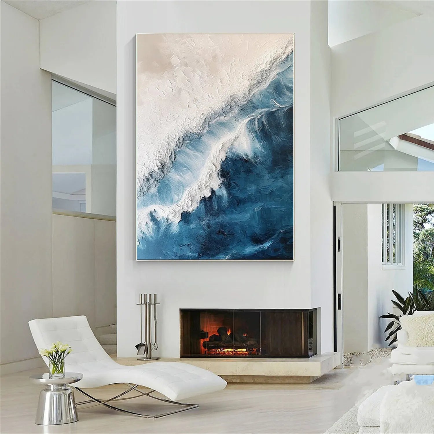 Blue White Beige Textured Beach Abstract Oil Painting - Modern Serene Art # JJ 120