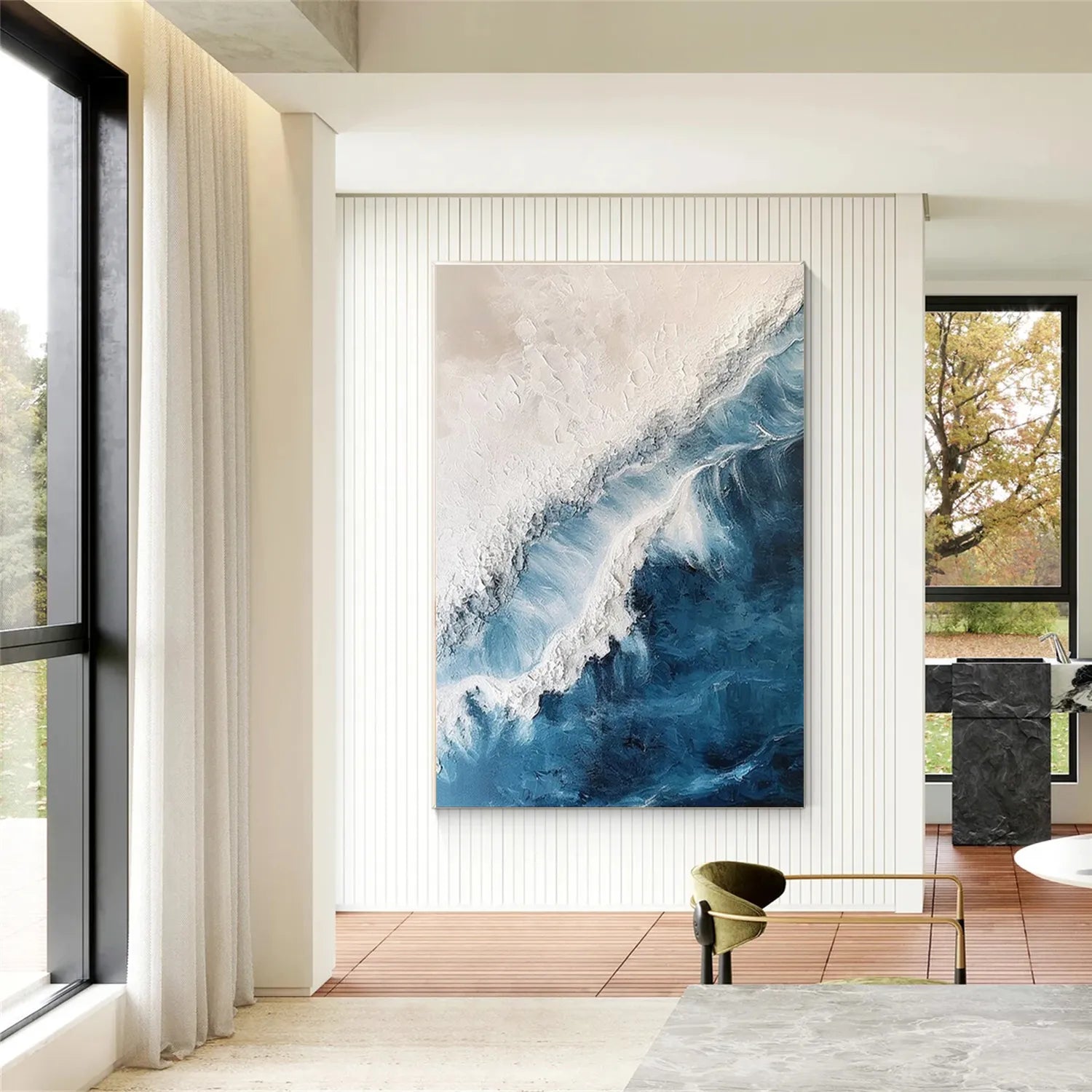 Calm Coastal Sand and Sea Textured Abstract - Blue White Beige Minimalist Oil Painting