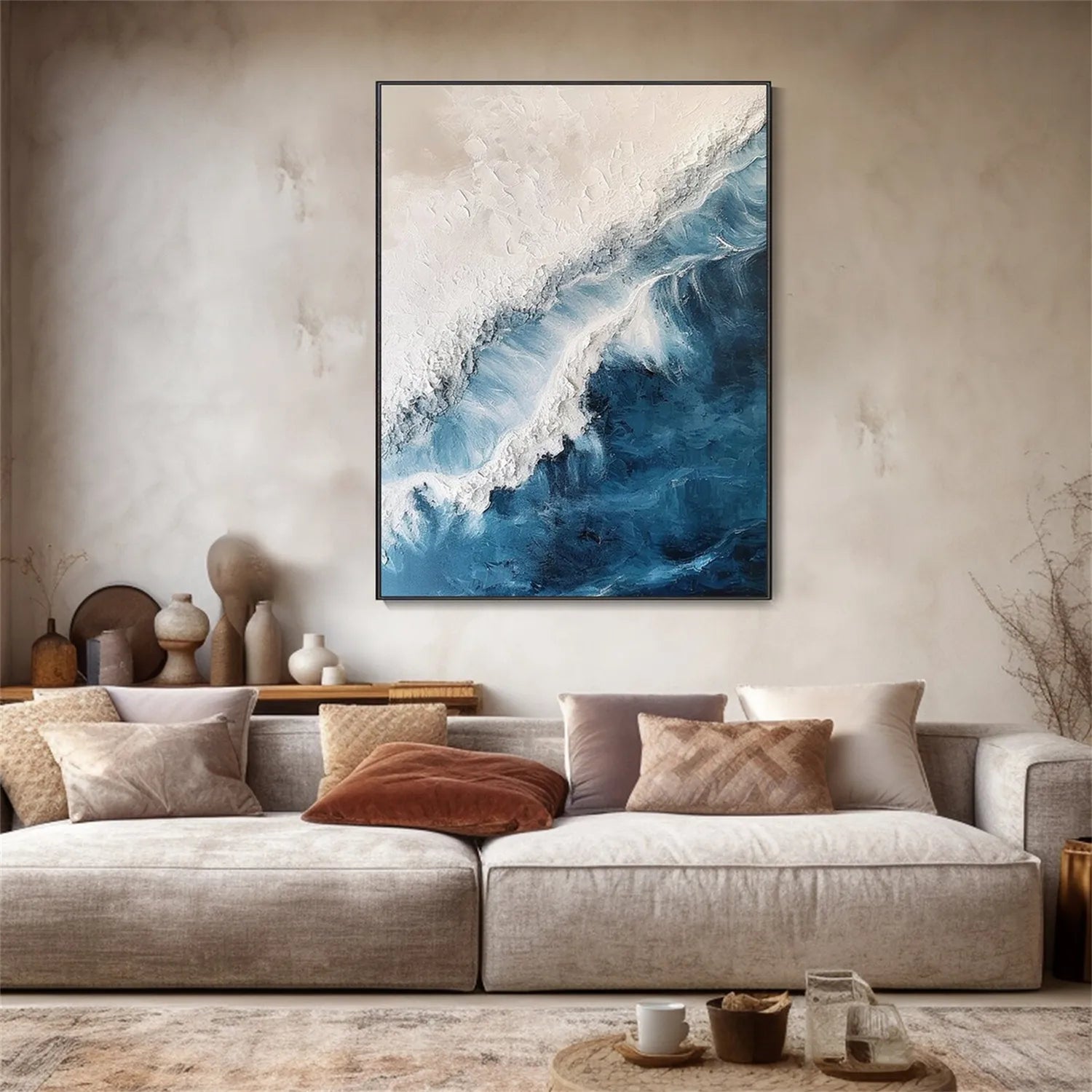 Blue White Beige Textured Beach Abstract Oil Painting - Modern Serene Art # JJ 120