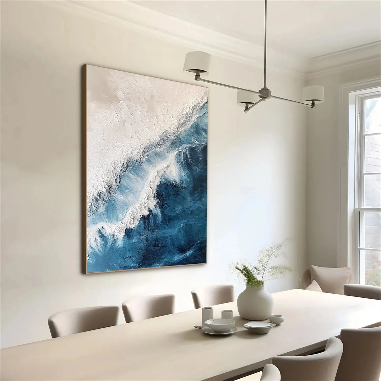 Blue White Beige Textured Beach Abstract Oil Painting - Modern Serene Art # JJ 120
