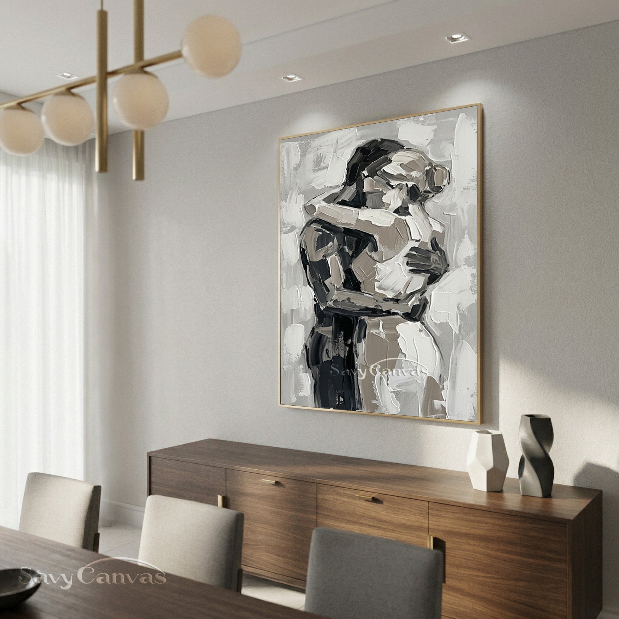 Abstract Lovers Hug Oil Painting - Modern Black & White Wall Art #SS 154