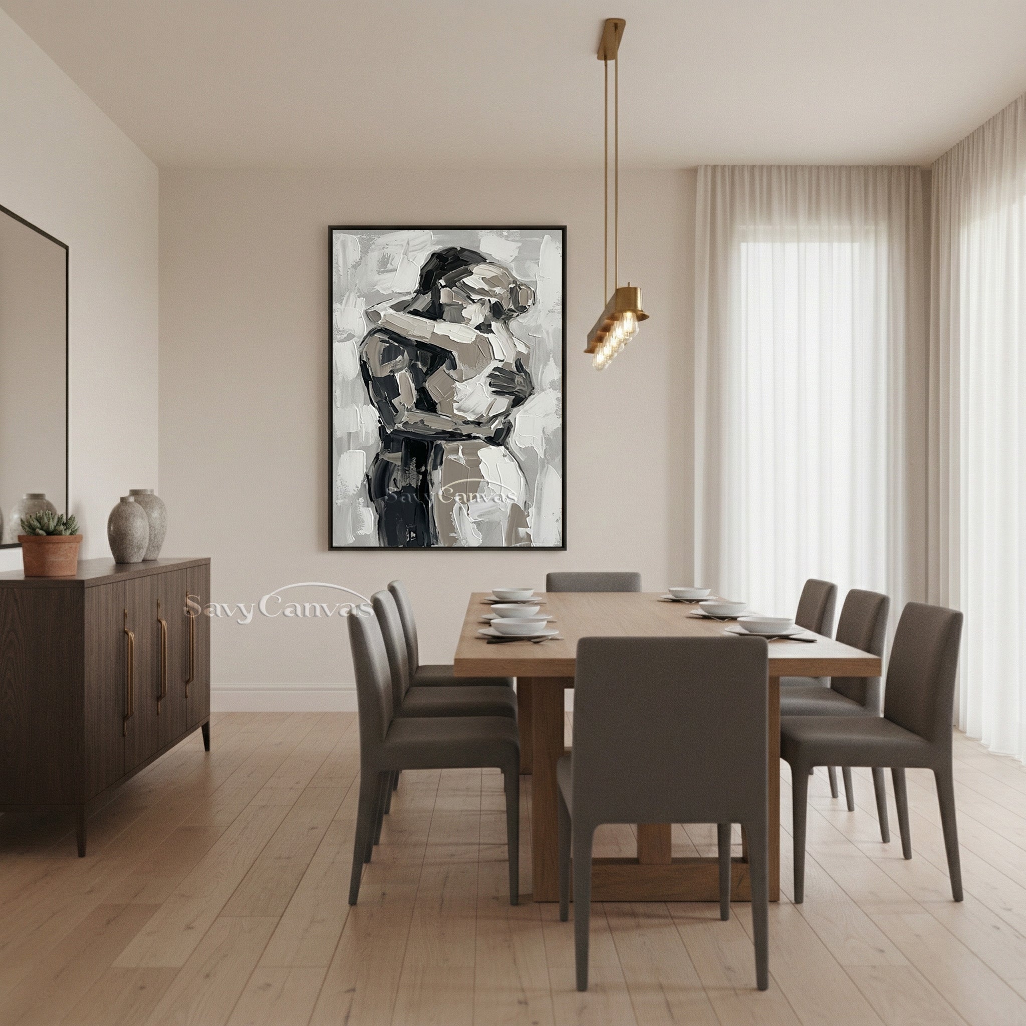 Abstract Lovers Hug Oil Painting - Modern Black & White Wall Art #SS 154