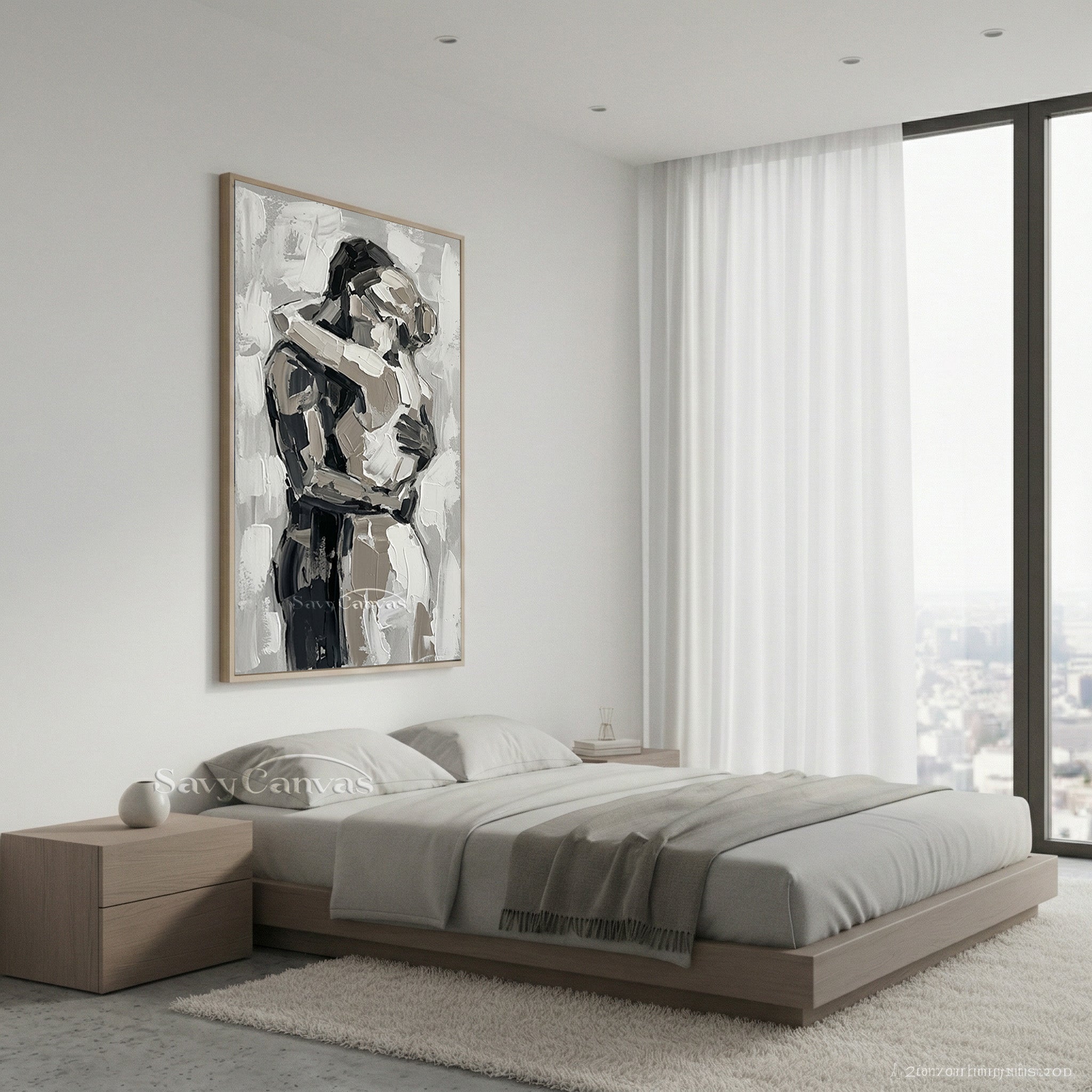 Abstract Lovers Hug Oil Painting - Modern Black & White Wall Art #SS 154