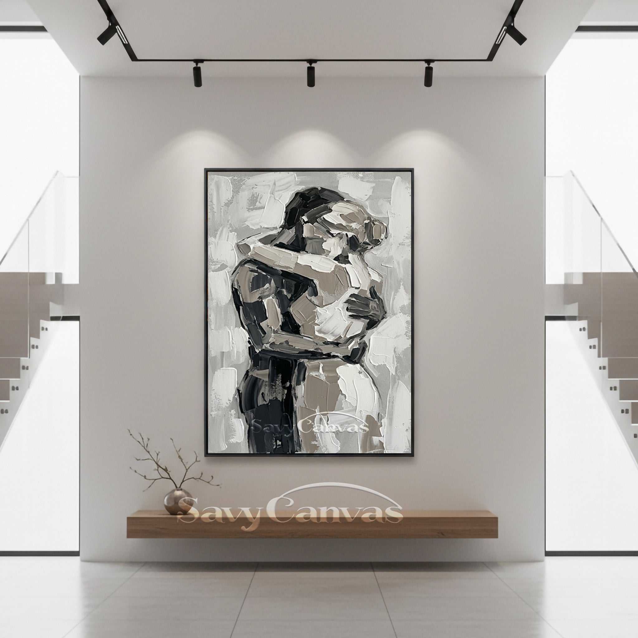 Abstract Lovers Hug Oil Painting - Modern Black & White Wall Art #SS 154