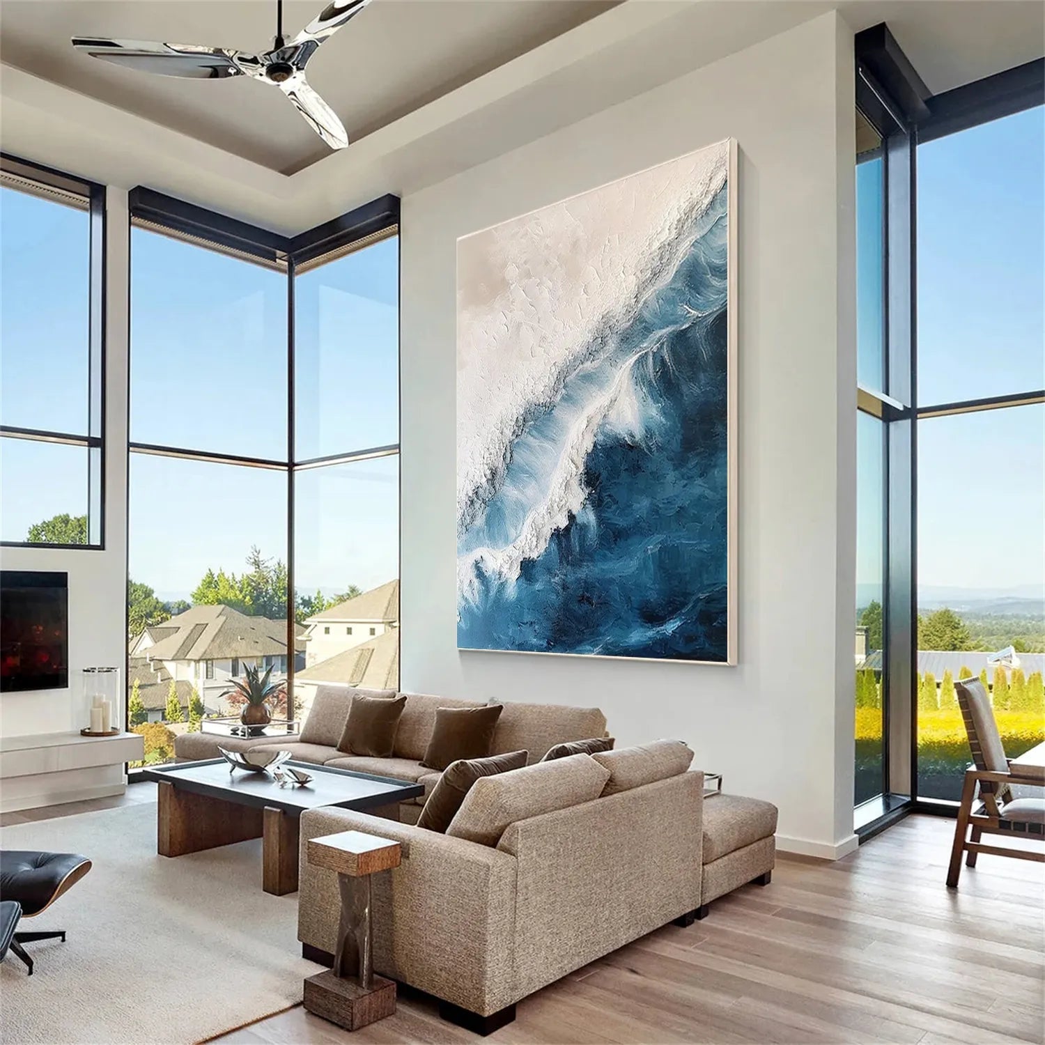 Blue White Beige Textured Beach Abstract Oil Painting - Modern Serene Art # JJ 120