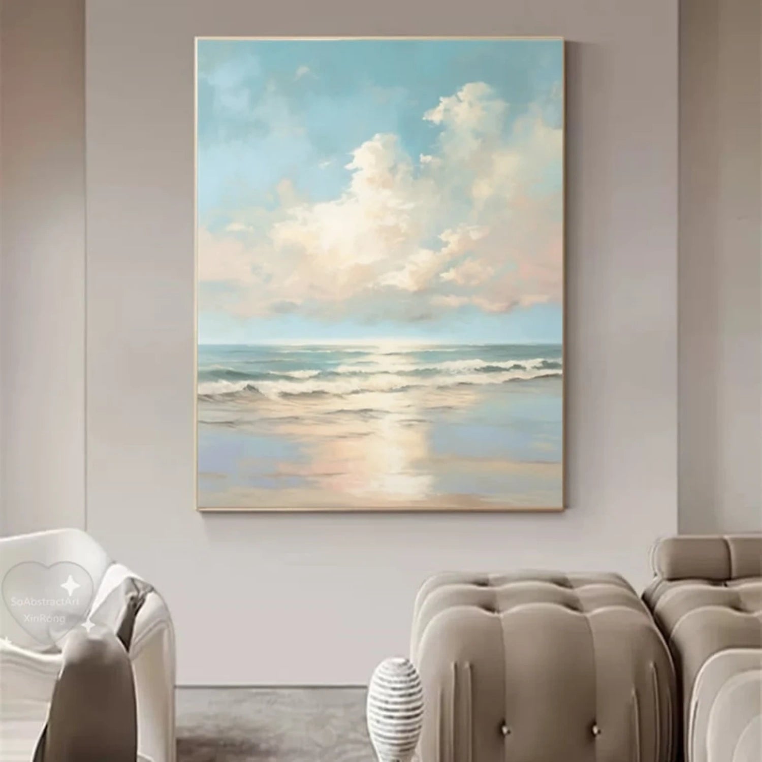 Calm Coastal Sky and Sea Abstract - Soft Blue and Beige Oil Painting # JJ 118