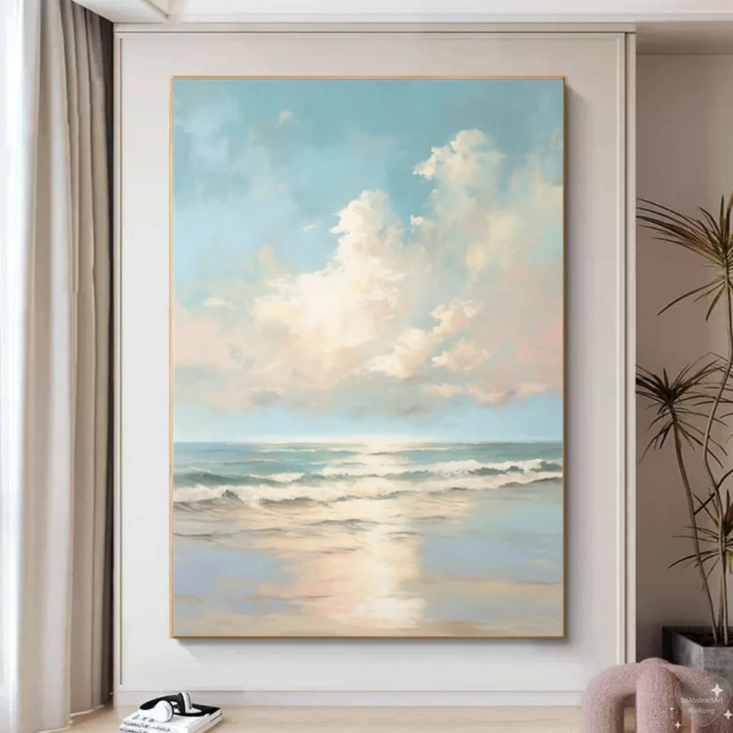 Gentle Ocean and Sky Abstract - Soft Blue and Beige Art Oil Painting