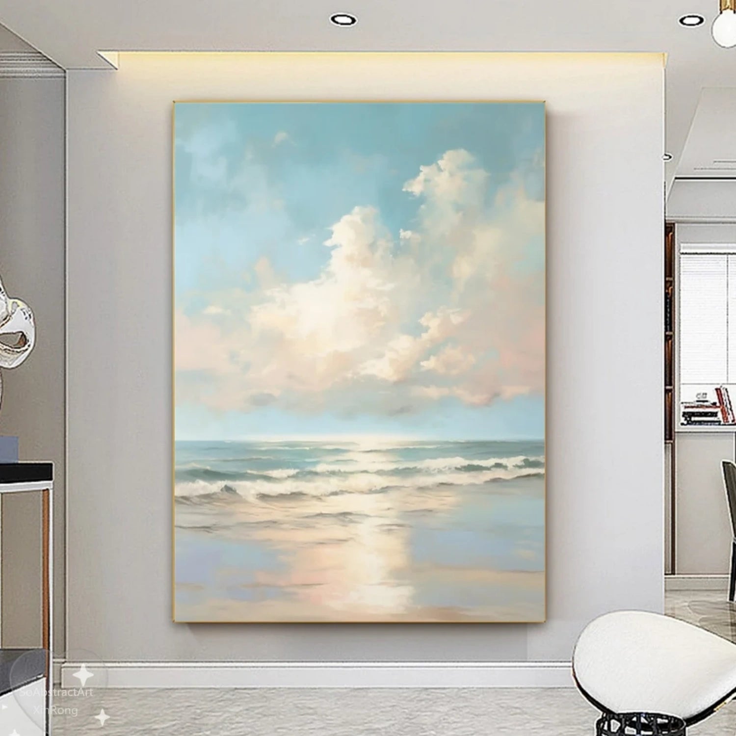 Calm Coastal Sky and Sea Abstract - Soft Blue and Beige Oil Painting # JJ 118
