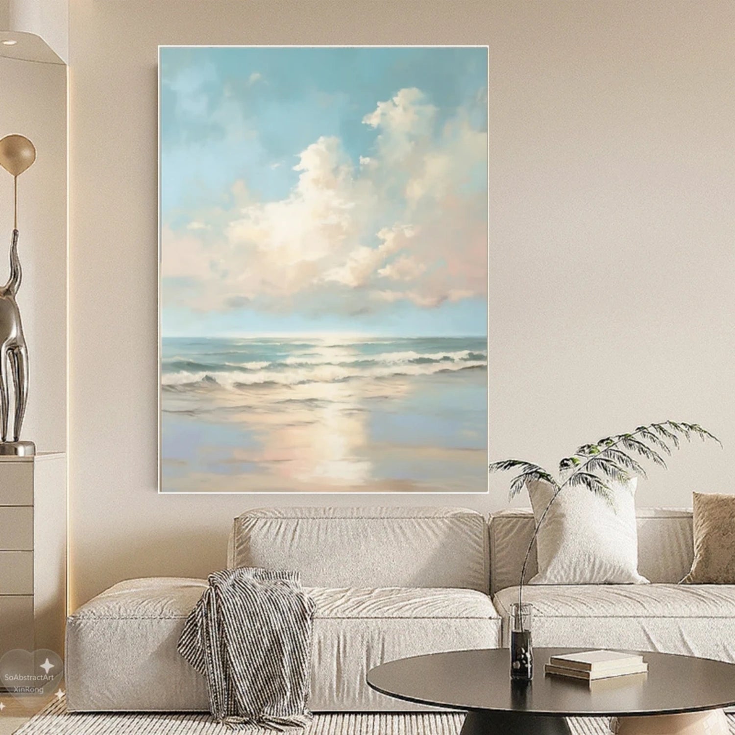 Calm Coastal Sky and Sea Abstract - Soft Blue and Beige Oil Painting # JJ 118