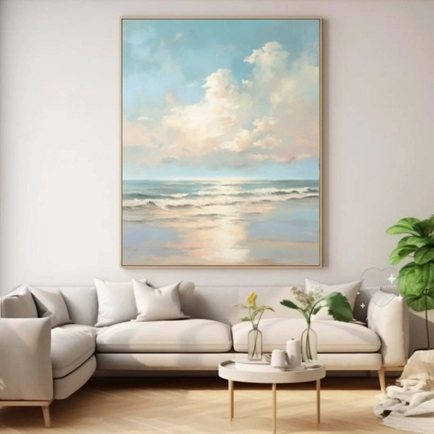 Calm Coastal Sky and Sea Abstract - Soft Blue and Beige Oil Painting # JJ 118