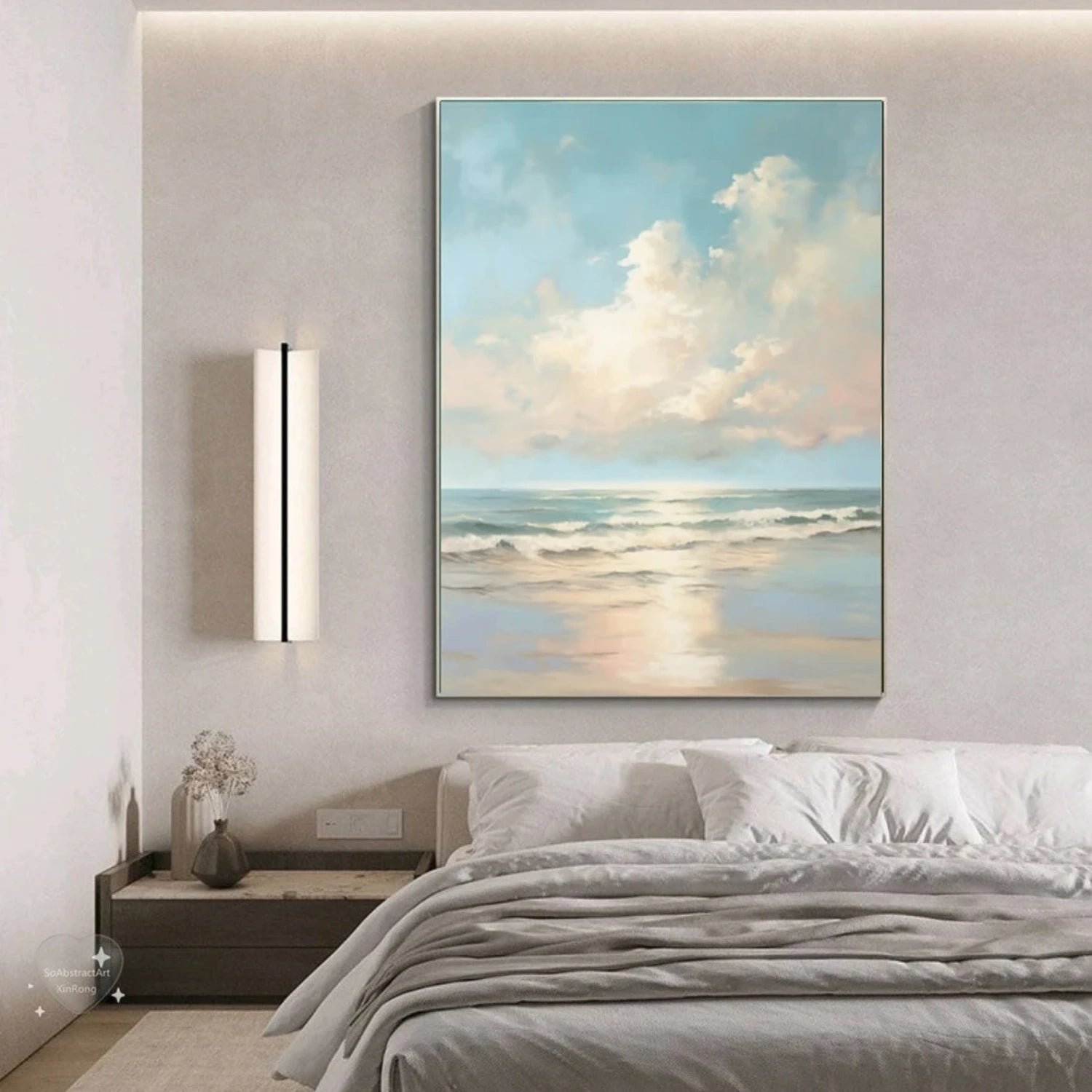 Calm Coastal Sky and Sea Abstract - Soft Blue and Beige Oil Painting # JJ 118
