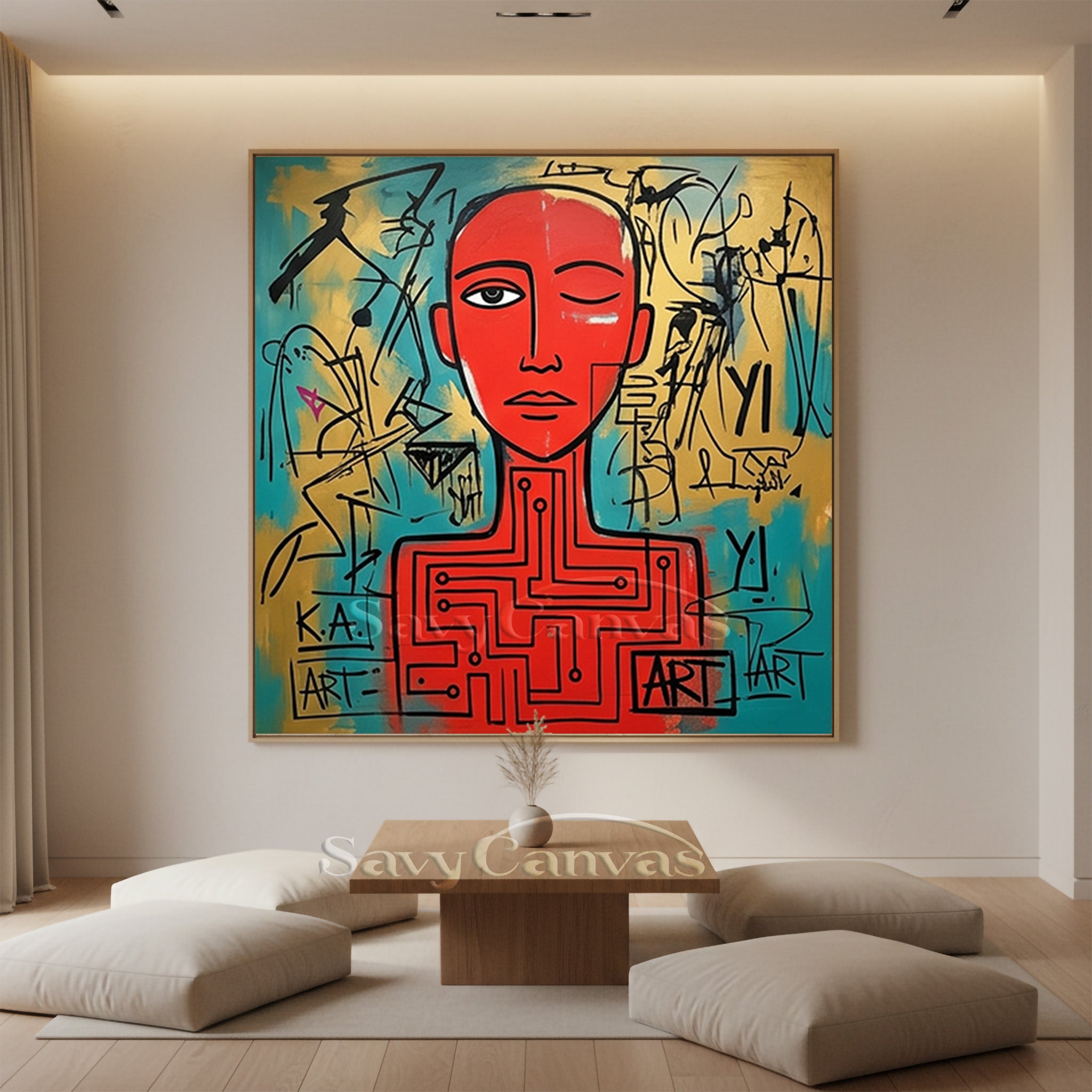 Red Neo-Expressionist Robot Portrait Canvas | Modern Street Art #SS 121