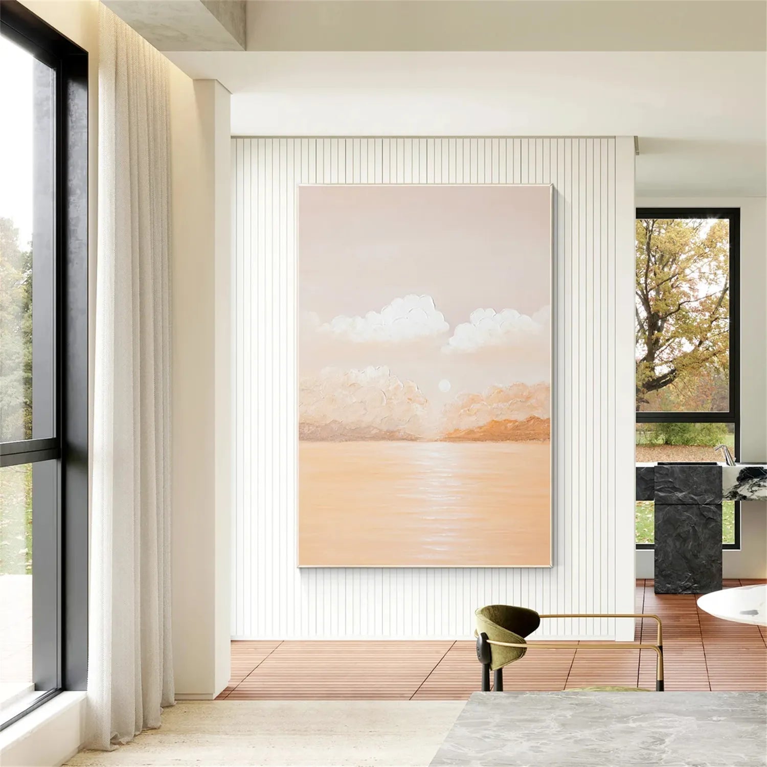 Contemporary Sunset Ocean Painting – Textured Clouds and Water Reflections